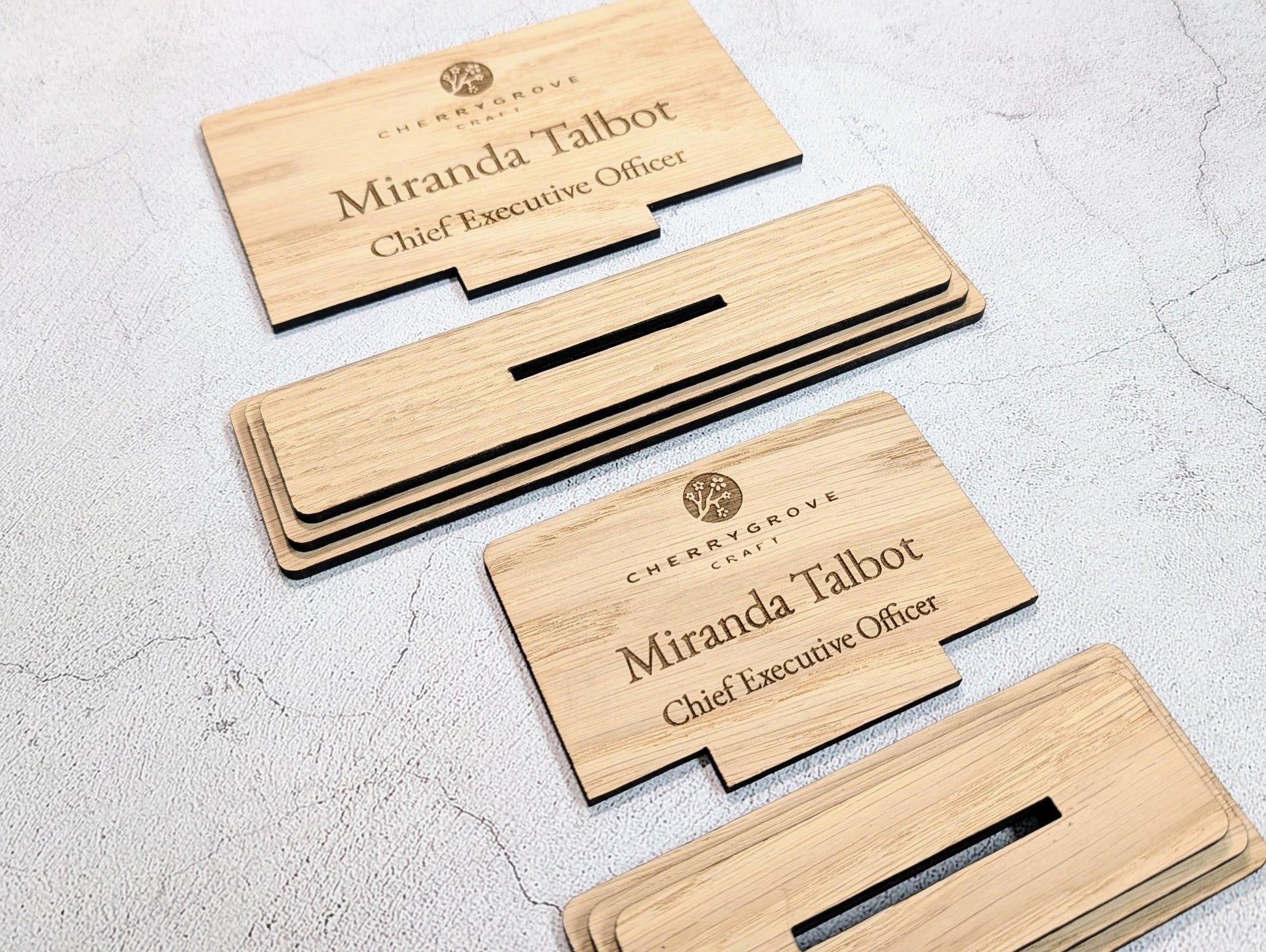 Personalised Wooden Desk Name Plate with Logo – Custom Name & Job Title Sign | Oak Veneer, Professional Office Gift, Handmade in Wales - CherryGroveCraft