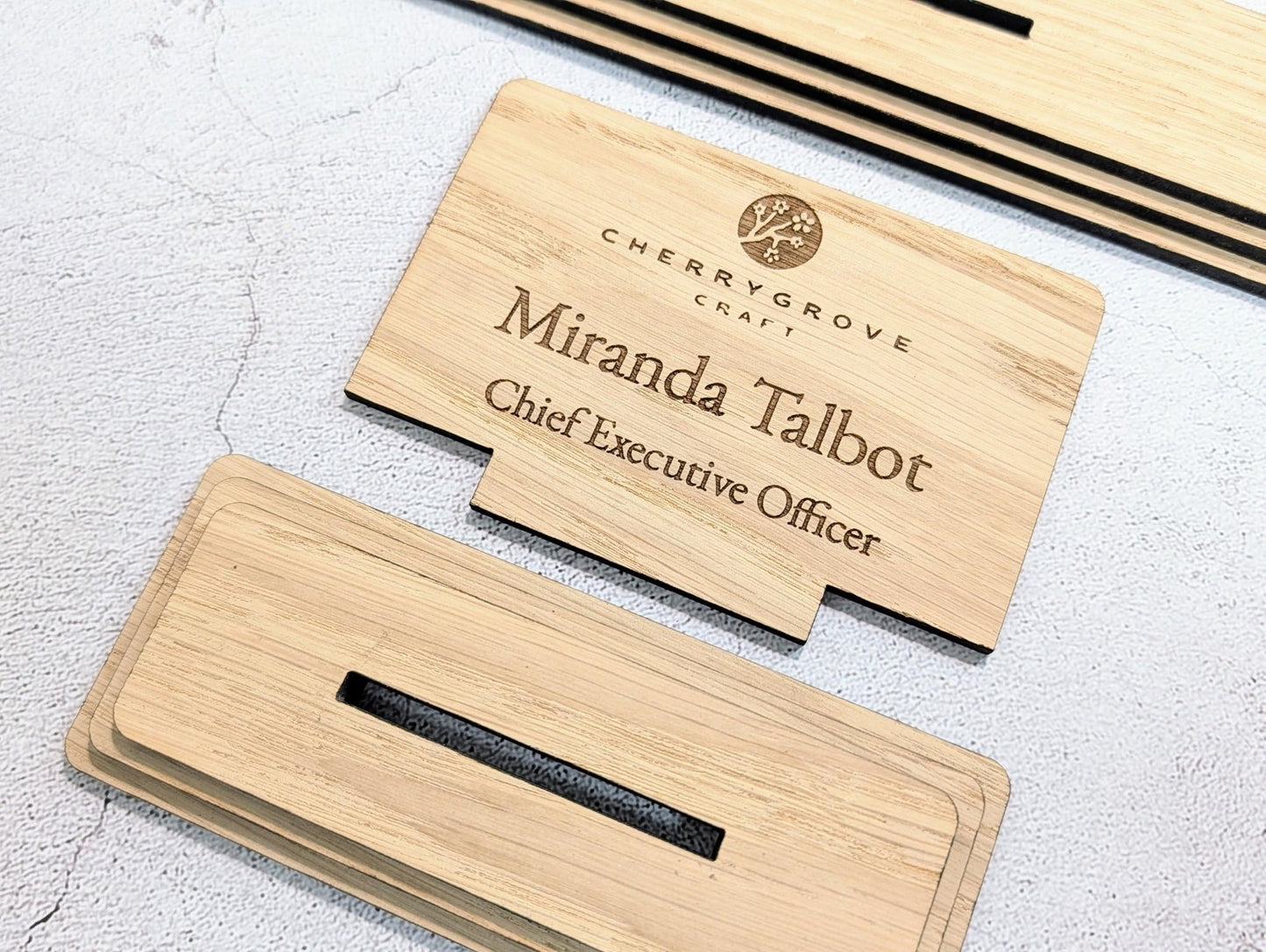 Personalised Wooden Desk Name Plate with Logo – Custom Name & Job Title Sign | Oak Veneer, Professional Office Gift, Handmade in Wales - CherryGroveCraft