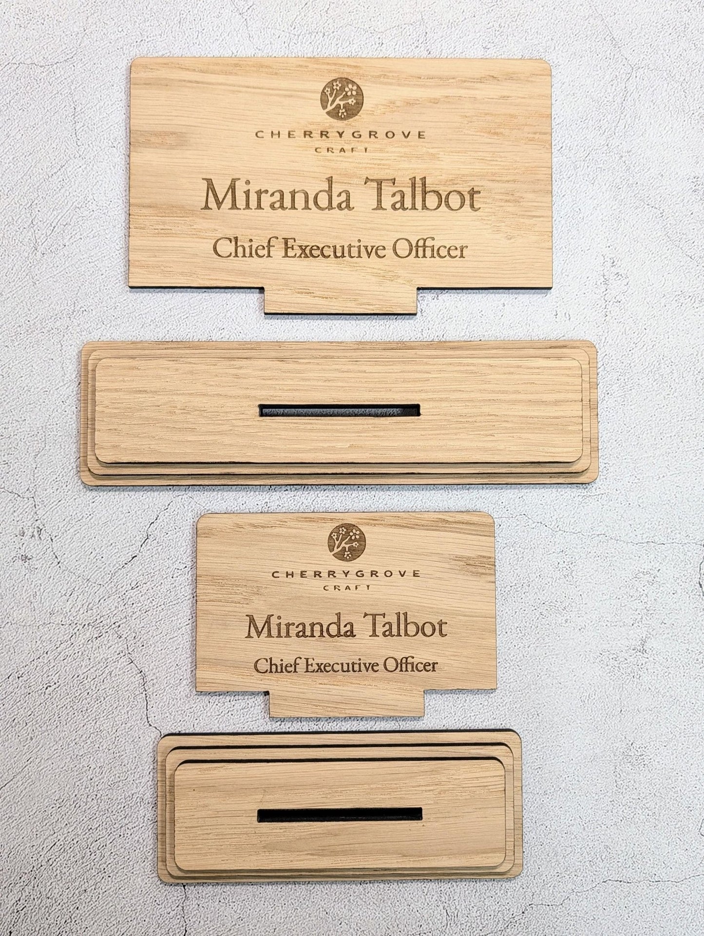 Personalised Wooden Desk Name Plate with Logo – Custom Name & Job Title Sign | Oak Veneer, Professional Office Gift, Handmade in Wales - CherryGroveCraft