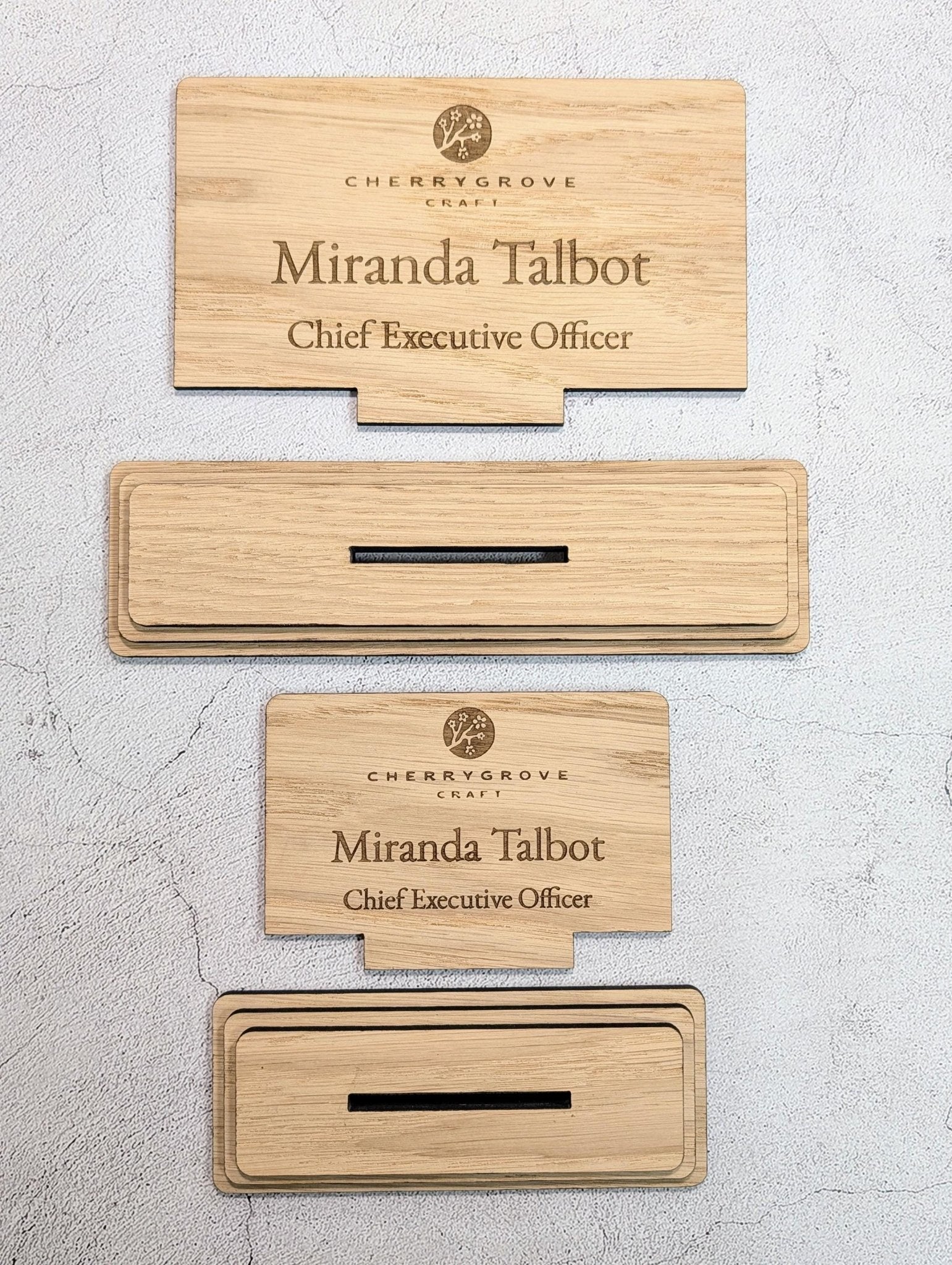Personalised Wooden Desk Name Plate with Logo – Custom Name & Job Title Sign | Oak Veneer, Professional Office Gift, Handmade in Wales - CherryGroveCraft