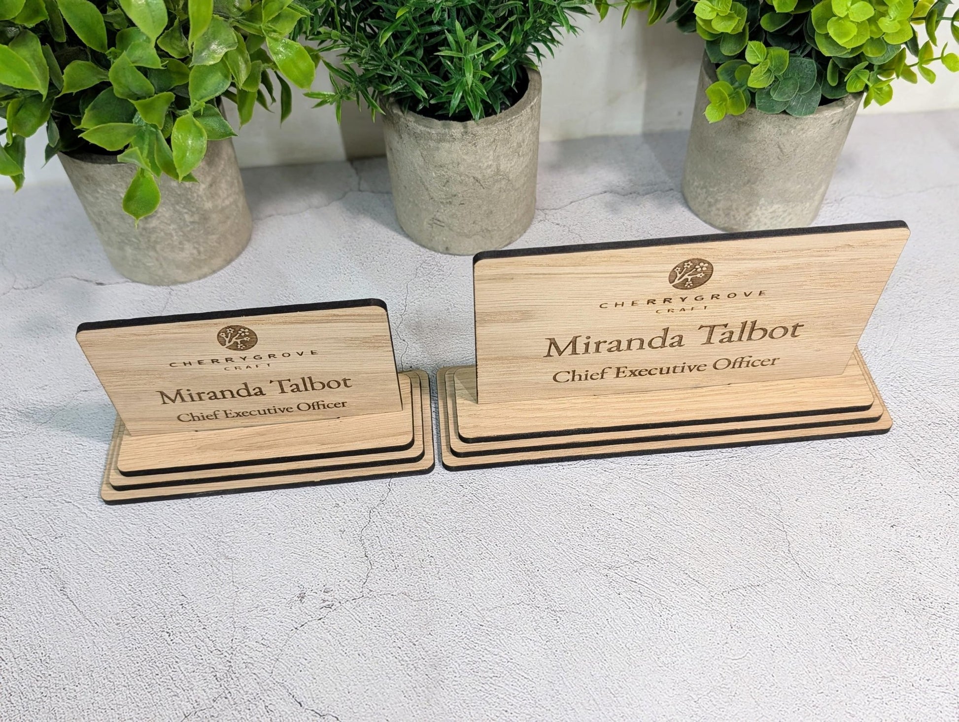 Personalised Wooden Desk Name Plate with Logo – Custom Name & Job Title Sign | Oak Veneer, Professional Office Gift, Handmade in Wales - CherryGroveCraft