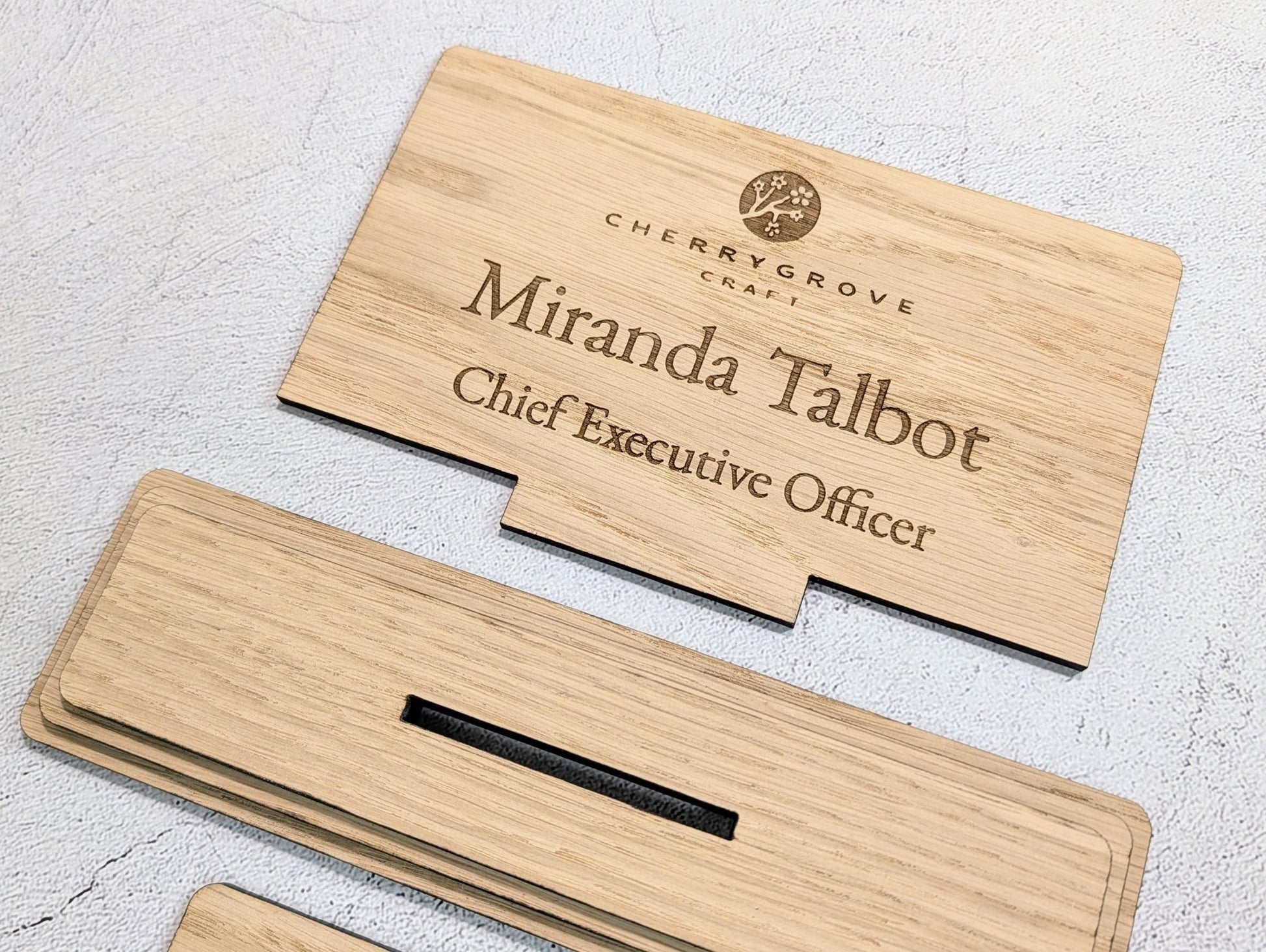 Personalised Wooden Desk Name Plate with Logo – Custom Name & Job Title Sign | Oak Veneer, Professional Office Gift, Handmade in Wales - CherryGroveCraft