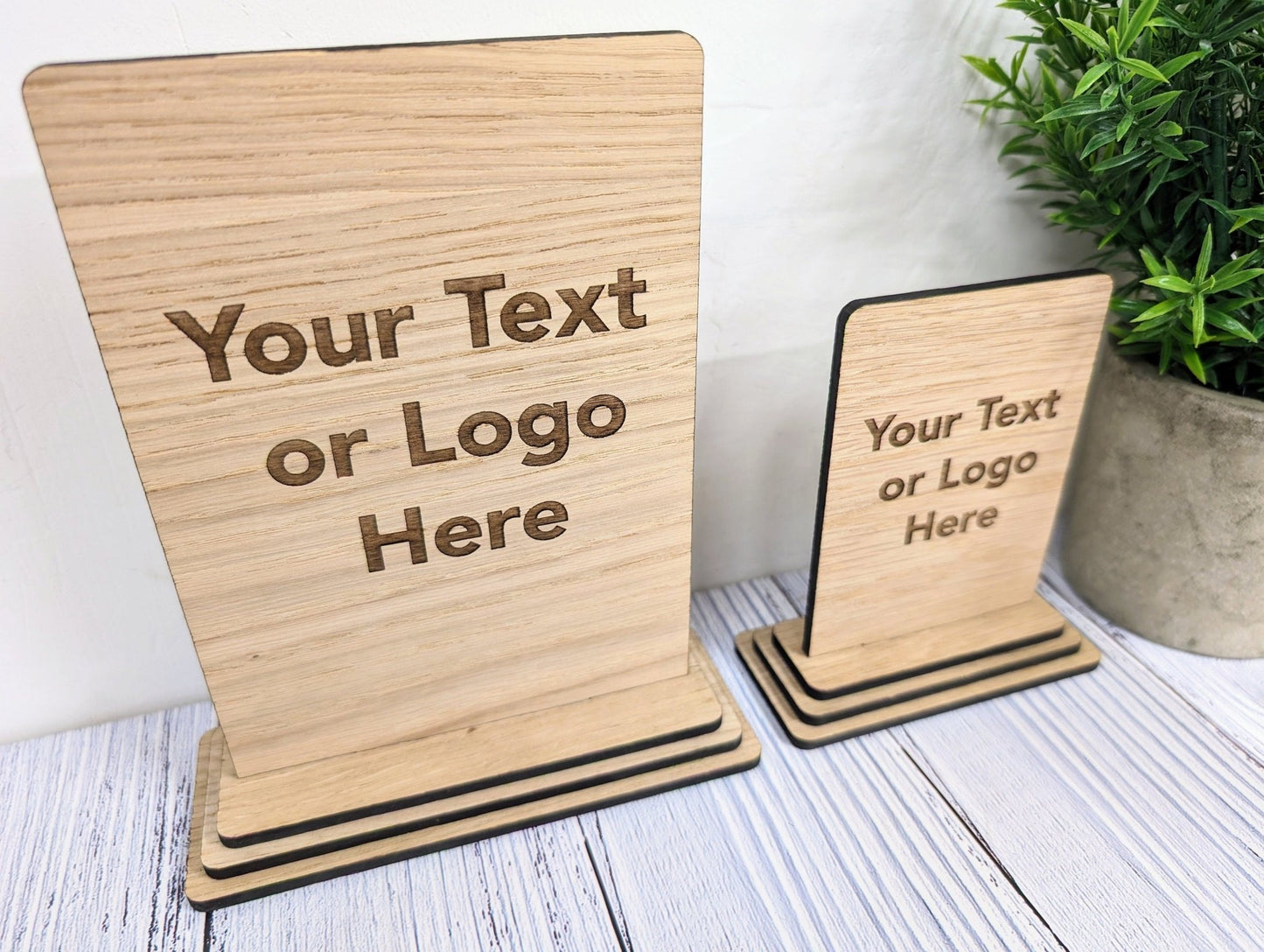 Personalised Wooden Freestanding Table Signs - Custom Text & Logo, Two Sizes - CherryGroveCraft