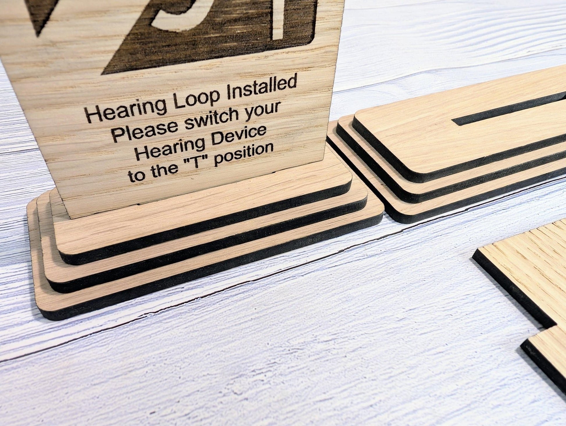 Personalised Wooden Hearing Loop Sign – Freestanding Table Sign for Accessibility, Office, & Public Spaces - Two Sizes - Removable Base - CherryGroveCraft