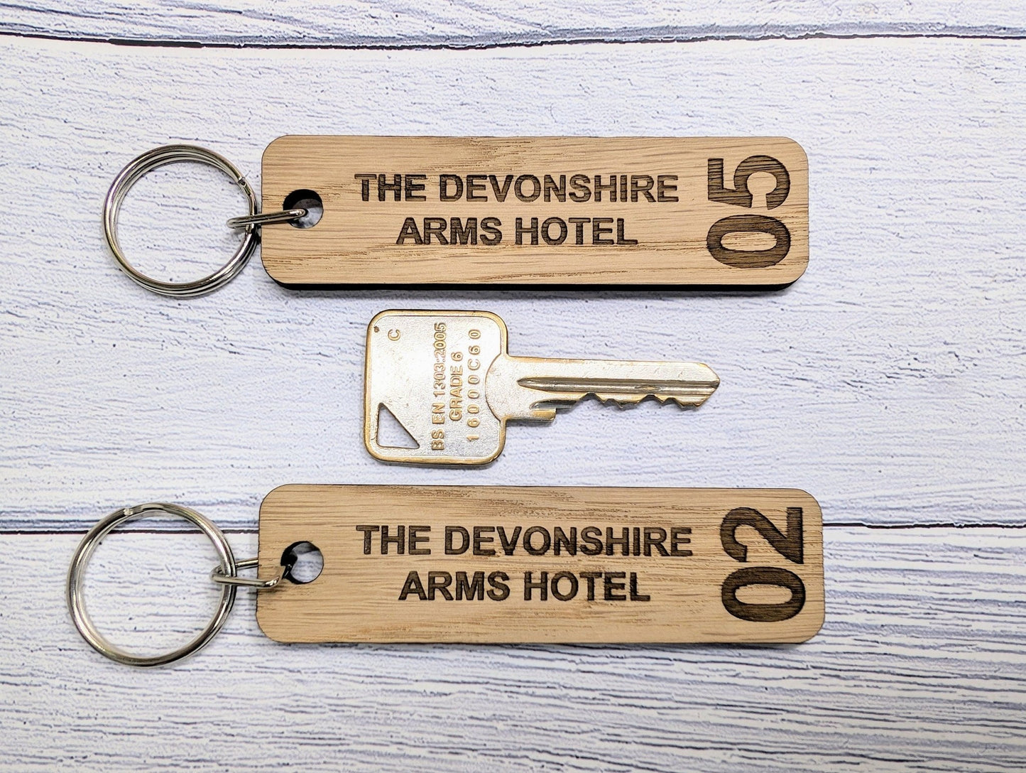 Personalised Wooden Hotel Room Number Keyrings, Double Sided, 90 x 25mm, with Hotel Name - Larger Size, Oak Veneer - Ideal for Hotels, B&Bs - CherryGroveCraft