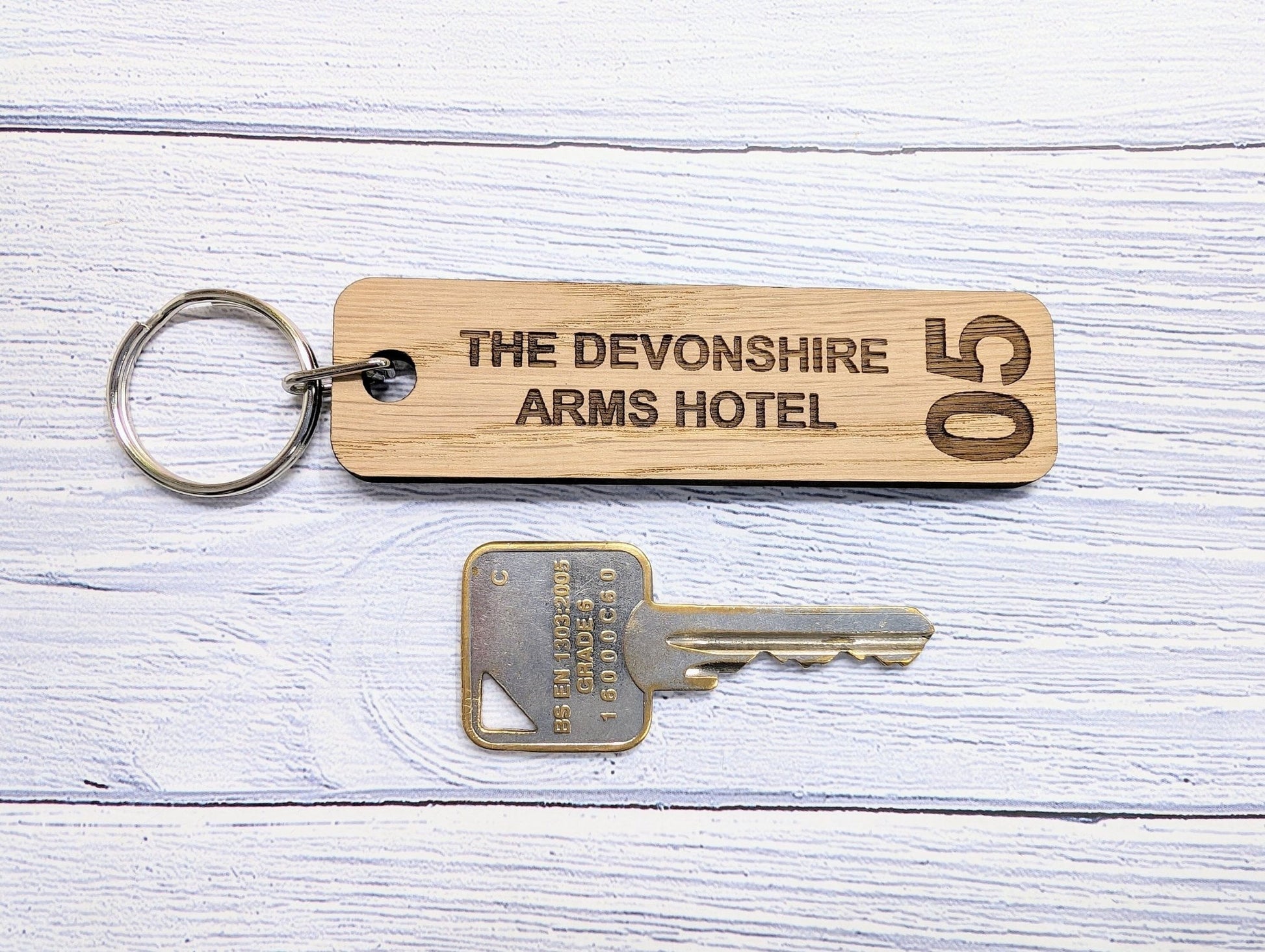 Personalised Wooden Hotel Room Number Keyrings, Double Sided, 90 x 25mm, with Hotel Name - Larger Size, Oak Veneer - Ideal for Hotels, B&Bs - CherryGroveCraft