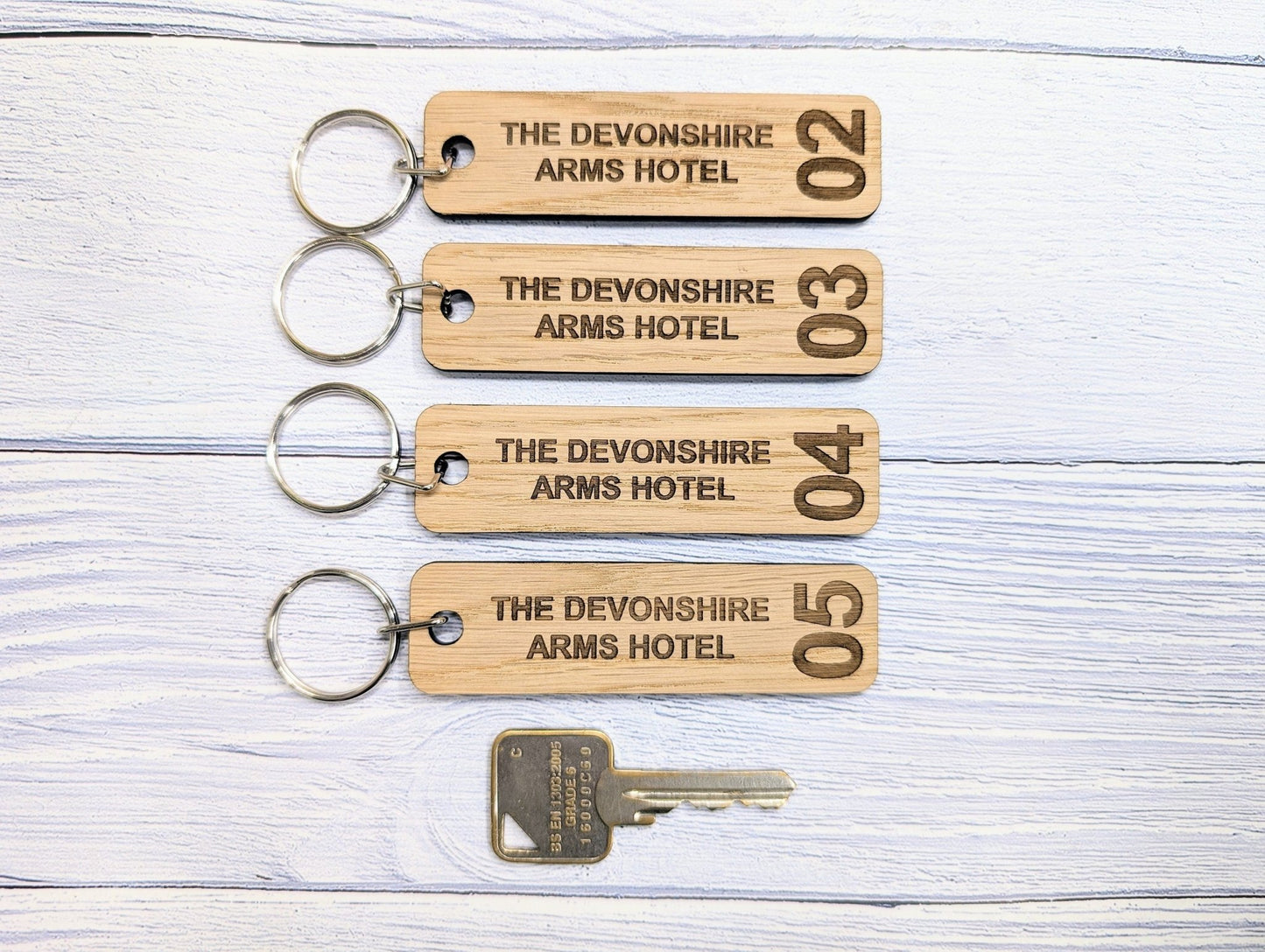 Personalised Wooden Hotel Room Number Keyrings, Double Sided, 90 x 25mm, with Hotel Name - Larger Size, Oak Veneer - Ideal for Hotels, B&Bs - CherryGroveCraft