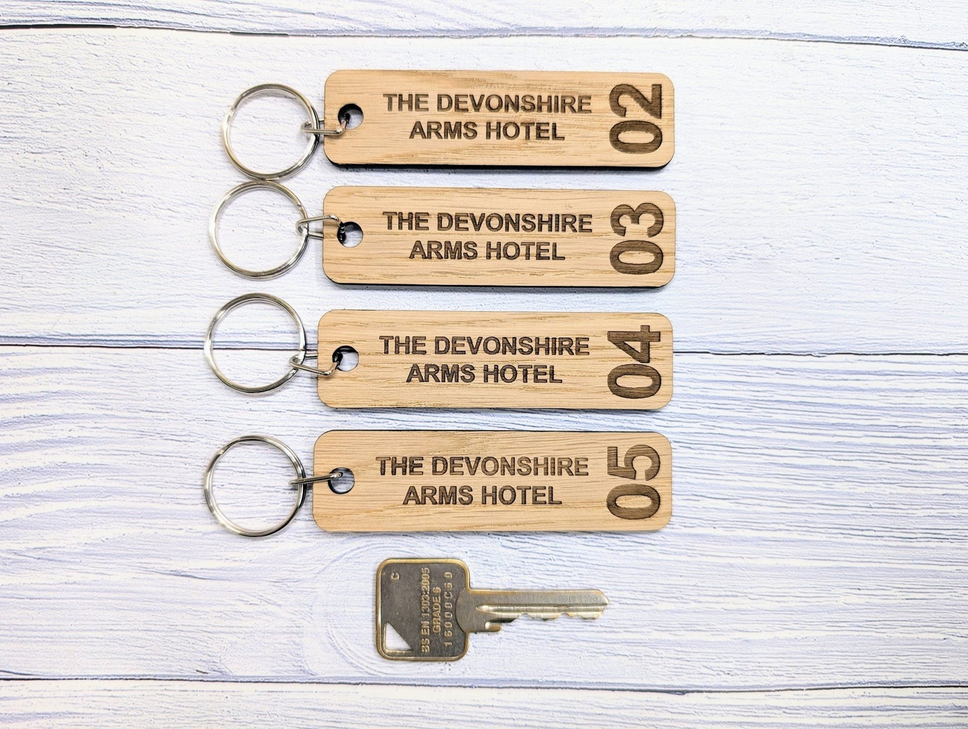 Personalised Wooden Hotel Room Number Keyrings, Double Sided, 90 x 25mm, with Hotel Name - Larger Size, Oak Veneer - Ideal for Hotels, B&Bs - CherryGroveCraft