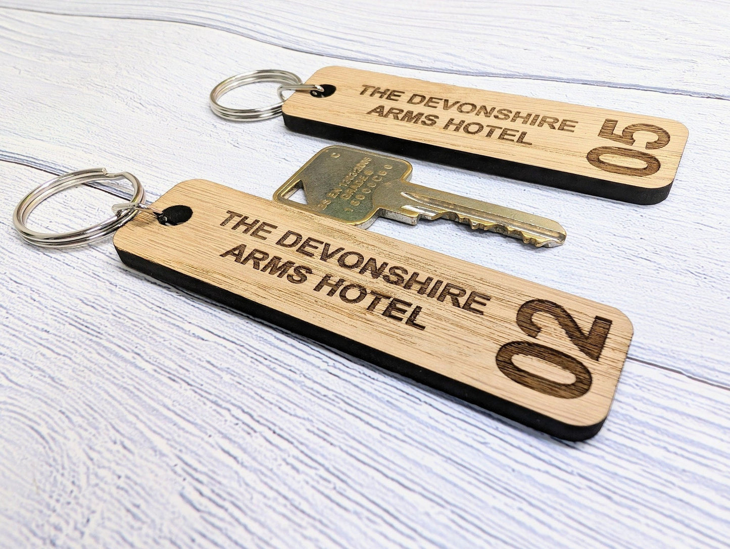 Personalised Wooden Hotel Room Number Keyrings, Double Sided, 90 x 25mm, with Hotel Name - Larger Size, Oak Veneer - Ideal for Hotels, B&Bs - CherryGroveCraft