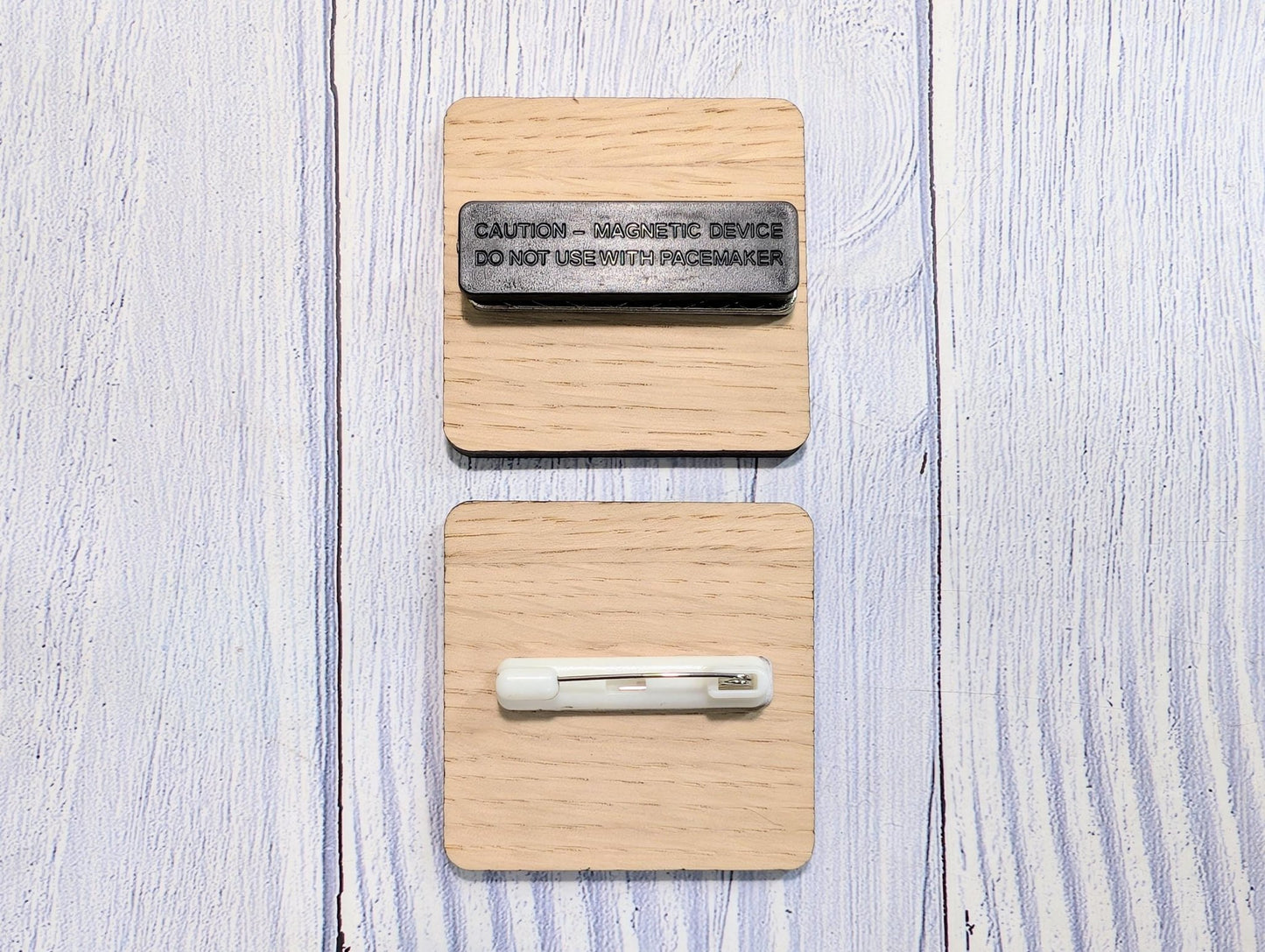 Personalised Wooden Name Badge 50mm x 50mm – Square Shape Oak Veneer with Pin/Clip, Magnet or Pin Only – Eco - Friendly Custom Work ID Tag - CherryGroveCraft