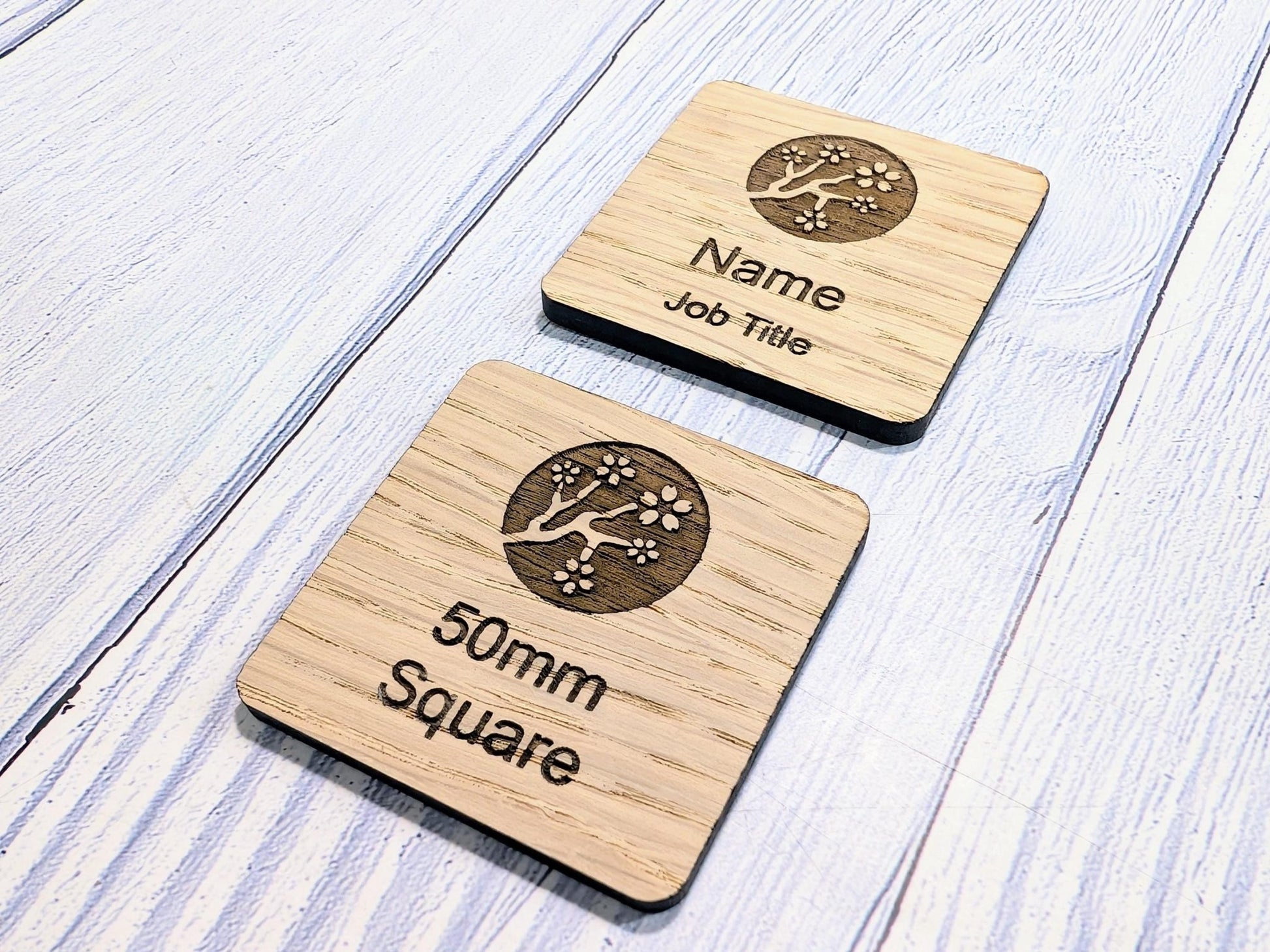 Personalised Wooden Name Badge 50mm x 50mm – Square Shape Oak Veneer with Pin/Clip, Magnet or Pin Only – Eco - Friendly Custom Work ID Tag - CherryGroveCraft