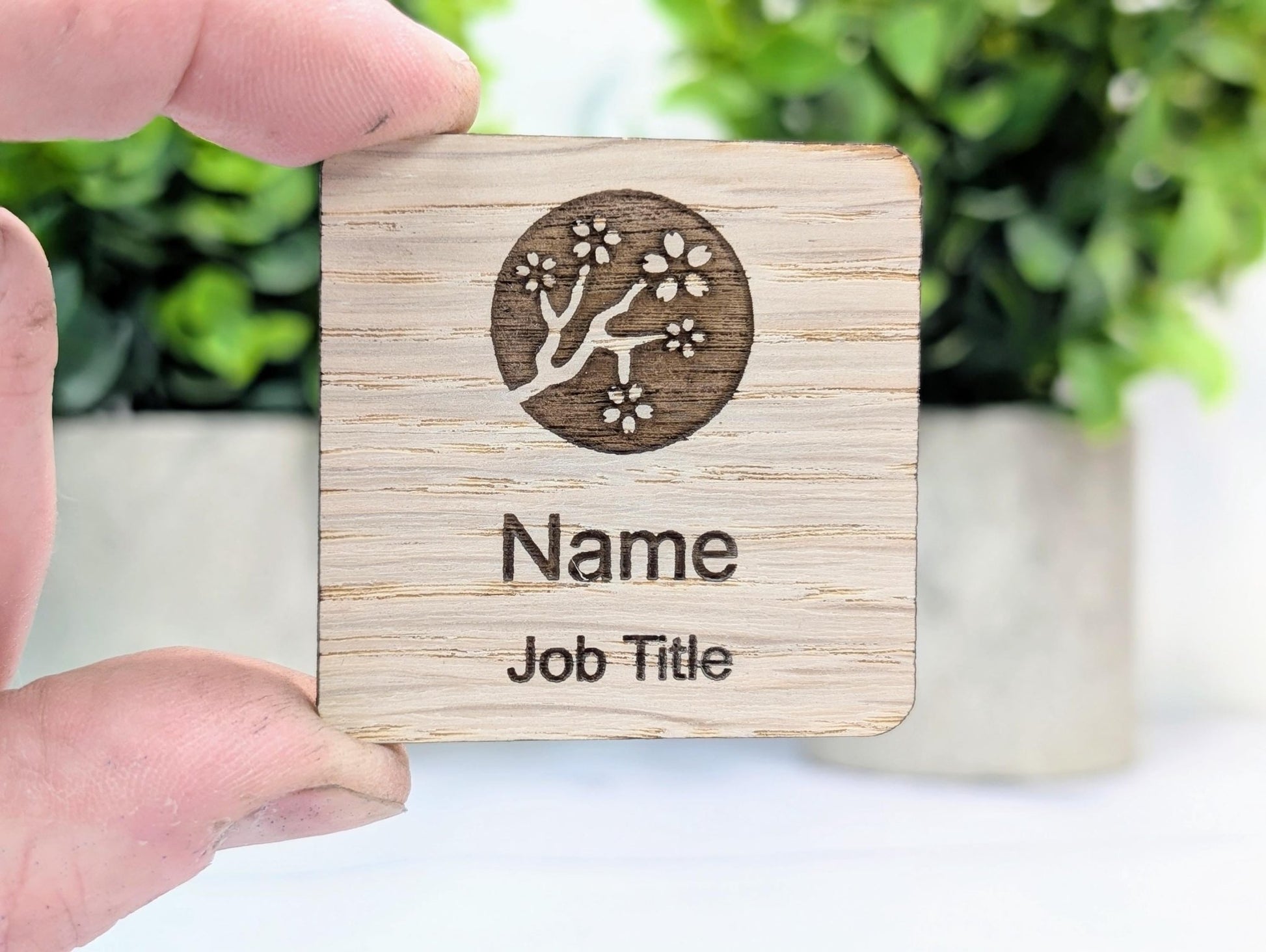 Personalised Wooden Name Badge 50mm x 50mm – Square Shape Oak Veneer with Pin/Clip, Magnet or Pin Only – Eco - Friendly Custom Work ID Tag - CherryGroveCraft