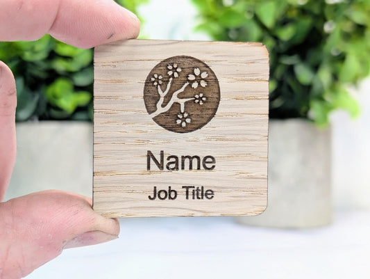 Personalised Wooden Name Badge 50mm x 50mm – Square Shape Oak Veneer with Pin/Clip, Magnet or Pin Only – Eco - Friendly Custom Work ID Tag - CherryGroveCraft
