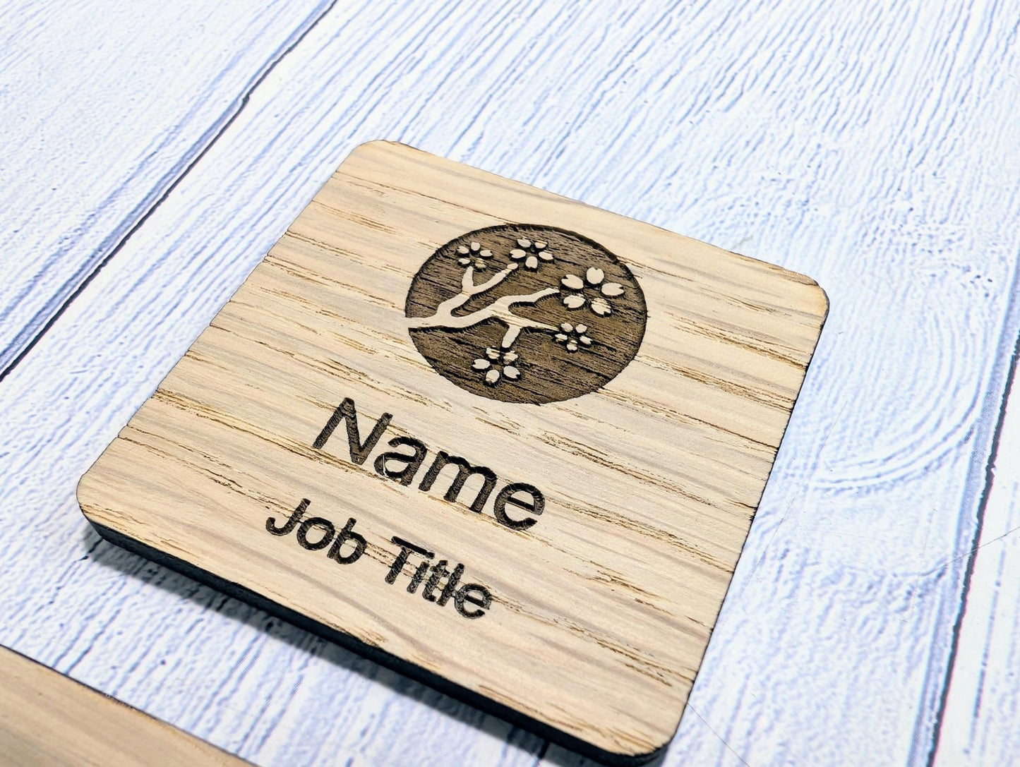 Personalised Wooden Name Badge 50mm x 50mm – Square Shape Oak Veneer with Pin/Clip, Magnet or Pin Only – Eco - Friendly Custom Work ID Tag - CherryGroveCraft