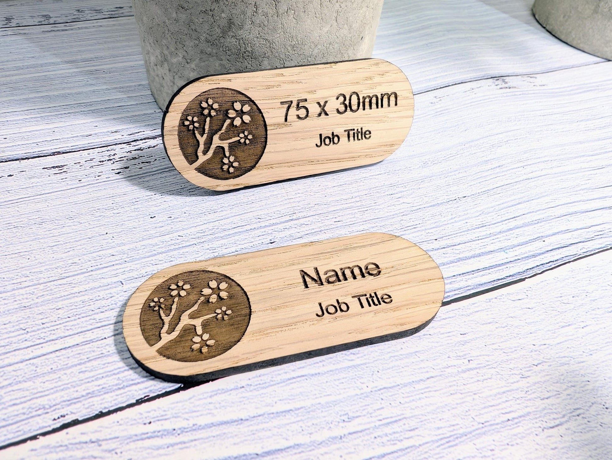 Personalised Wooden Name Badge 75x30mm – Lozenge Shape Oak Veneer with Magnet or Pin – Eco - Friendly Custom Work ID Tag - CherryGroveCraft