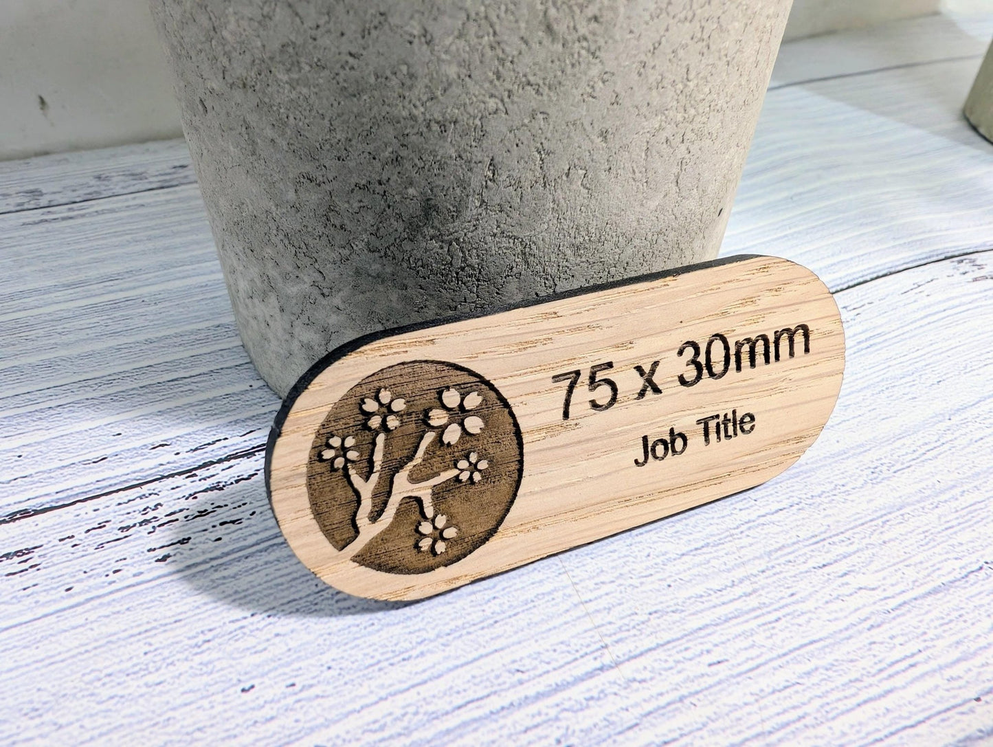 Personalised Wooden Name Badge 75x30mm – Lozenge Shape Oak Veneer with Magnet or Pin – Eco - Friendly Custom Work ID Tag - CherryGroveCraft