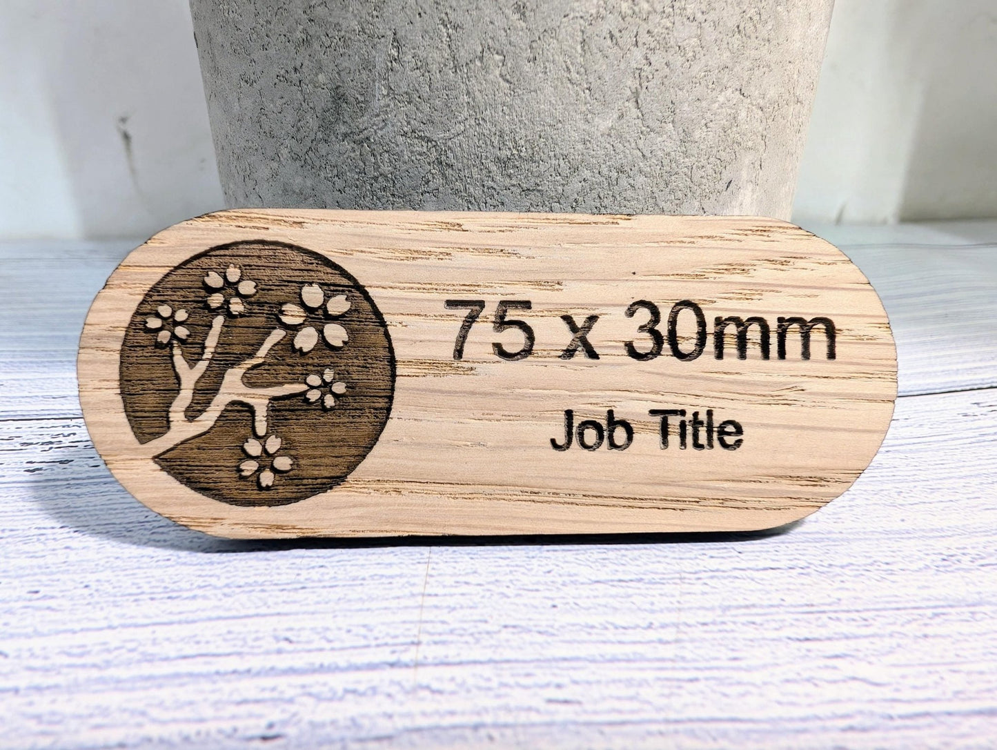 Personalised Wooden Name Badge 75x30mm – Lozenge Shape Oak Veneer with Magnet or Pin – Eco - Friendly Custom Work ID Tag - CherryGroveCraft