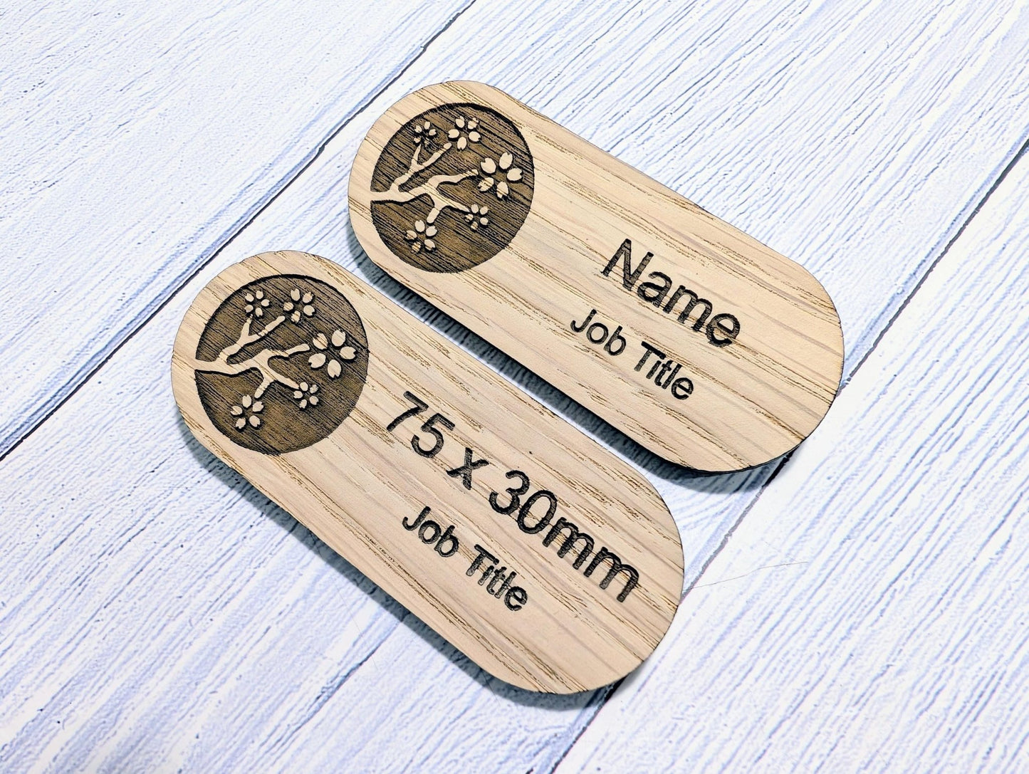 Personalised Wooden Name Badge 75x30mm – Lozenge Shape Oak Veneer with Magnet or Pin – Eco - Friendly Custom Work ID Tag - CherryGroveCraft