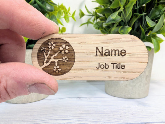 Personalised Wooden Name Badge 75x30mm – Lozenge Shape Oak Veneer with Magnet or Pin – Eco - Friendly Custom Work ID Tag - CherryGroveCraft