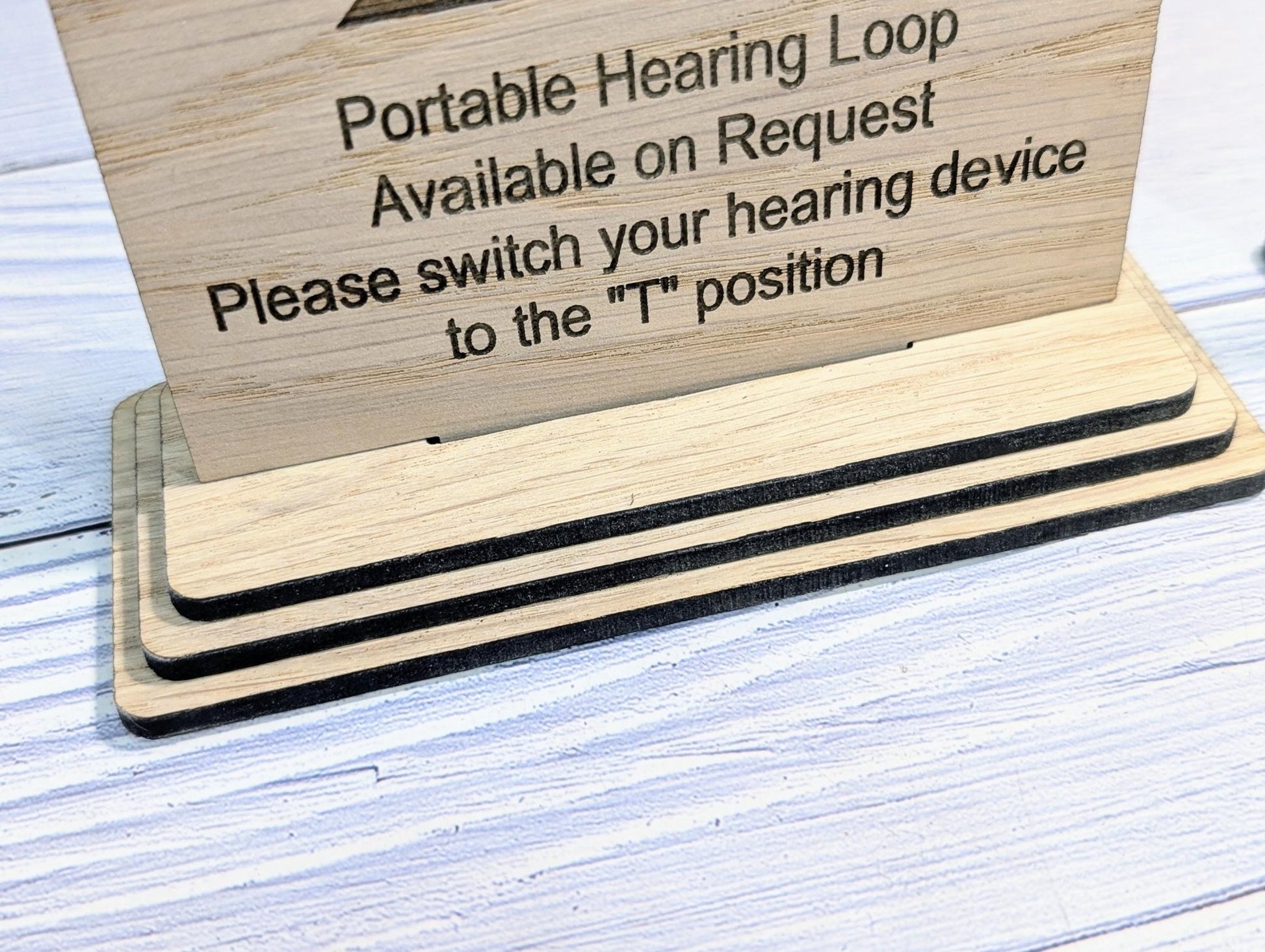 Personalised Wooden Portable Hearing Loop Sign – Freestanding Table Sign for Accessibility, Office, & Public Spaces - Two Sizes - CherryGroveCraft