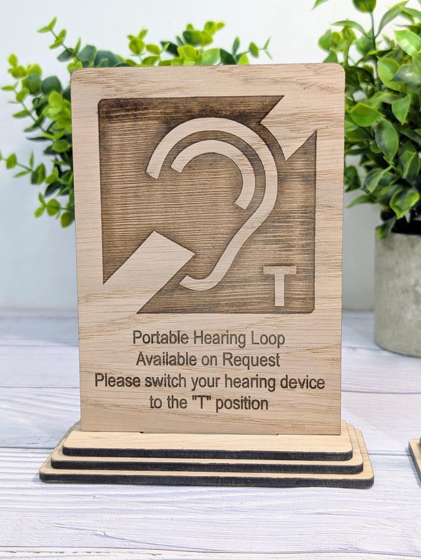 Personalised Wooden Portable Hearing Loop Sign – Freestanding Table Sign for Accessibility, Office, & Public Spaces - Two Sizes - CherryGroveCraft