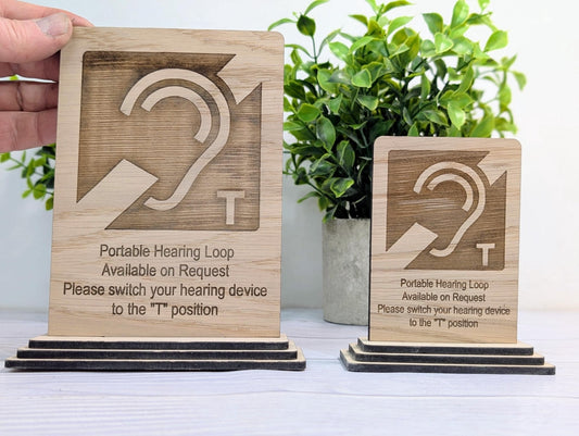 Personalised Wooden Portable Hearing Loop Sign – Freestanding Table Sign for Accessibility, Office, & Public Spaces - Two Sizes - CherryGroveCraft