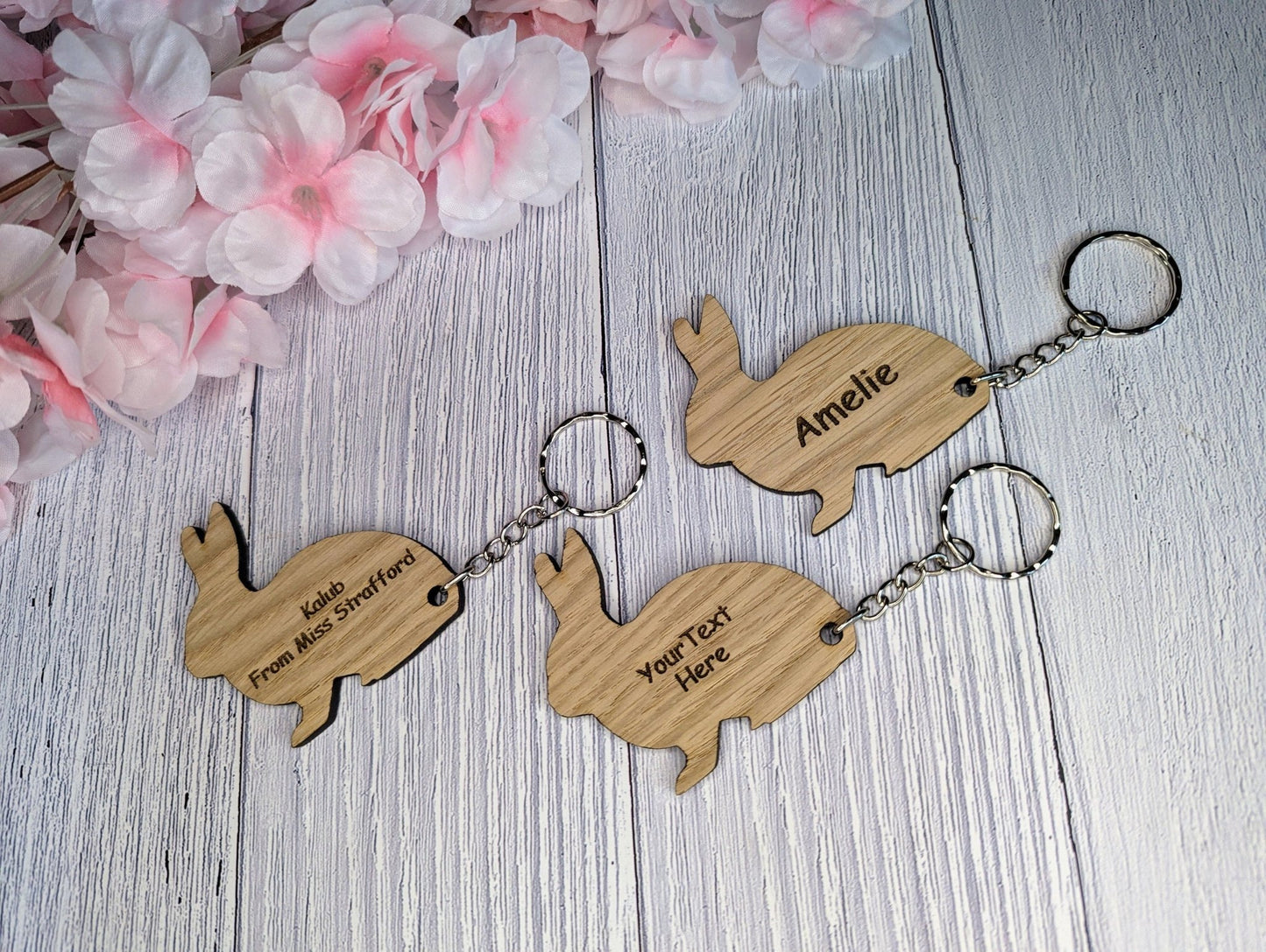 Personalised rabbit oak keyring — Easter or pet gift, bulk orders welcome