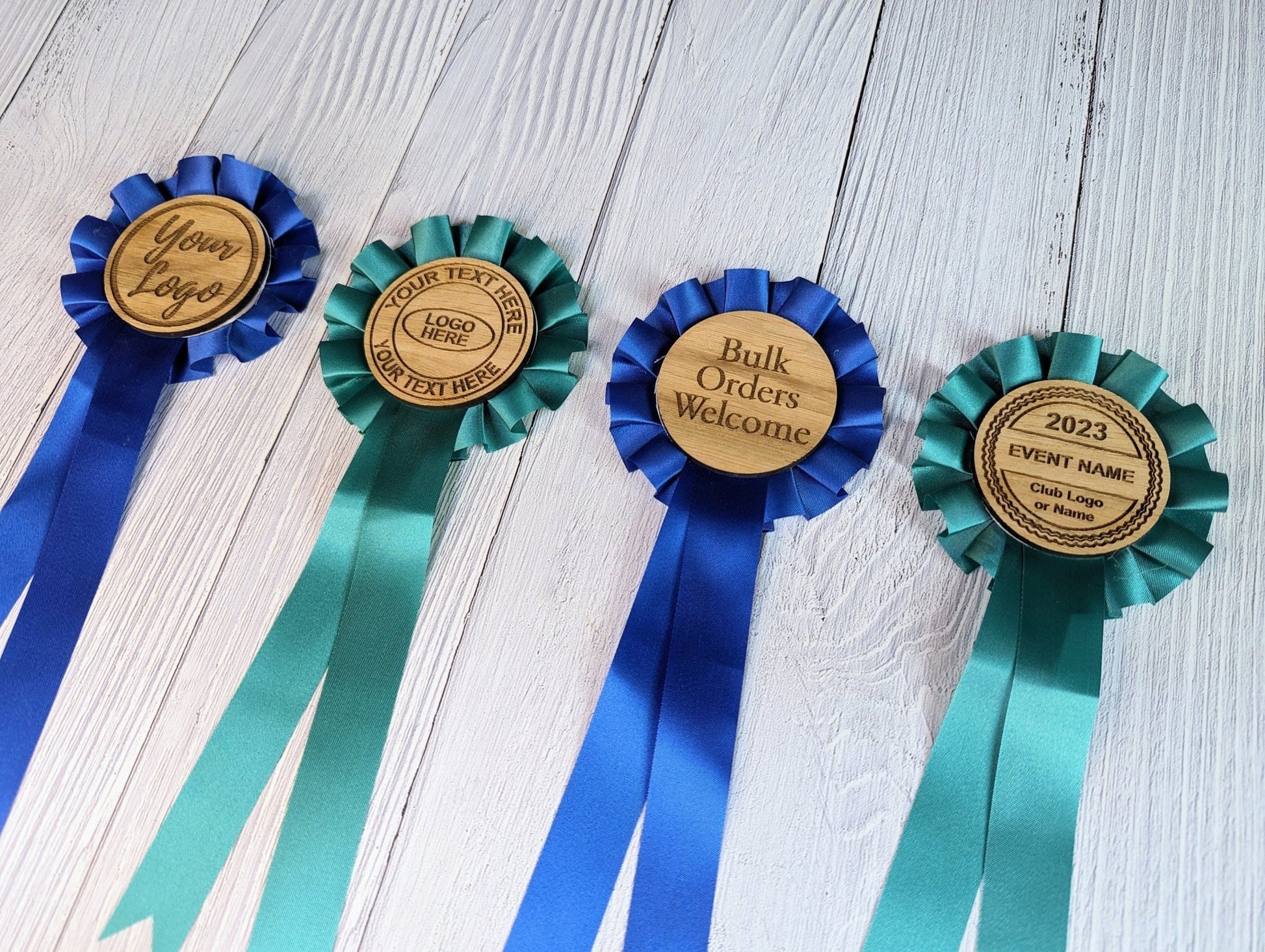 Personalised wooden rosette in blue — 90mm, 60mm engraved centre, custom text