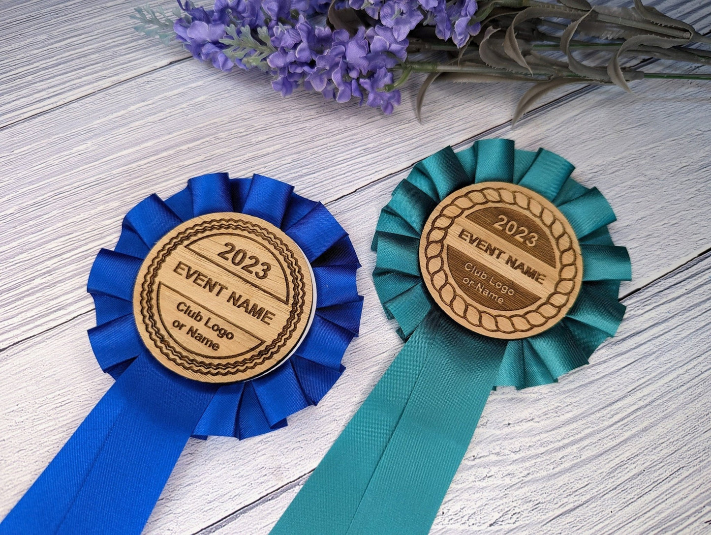 Personalised wooden rosette — jade green, 90mm diameter with 60mm oak centre engraved