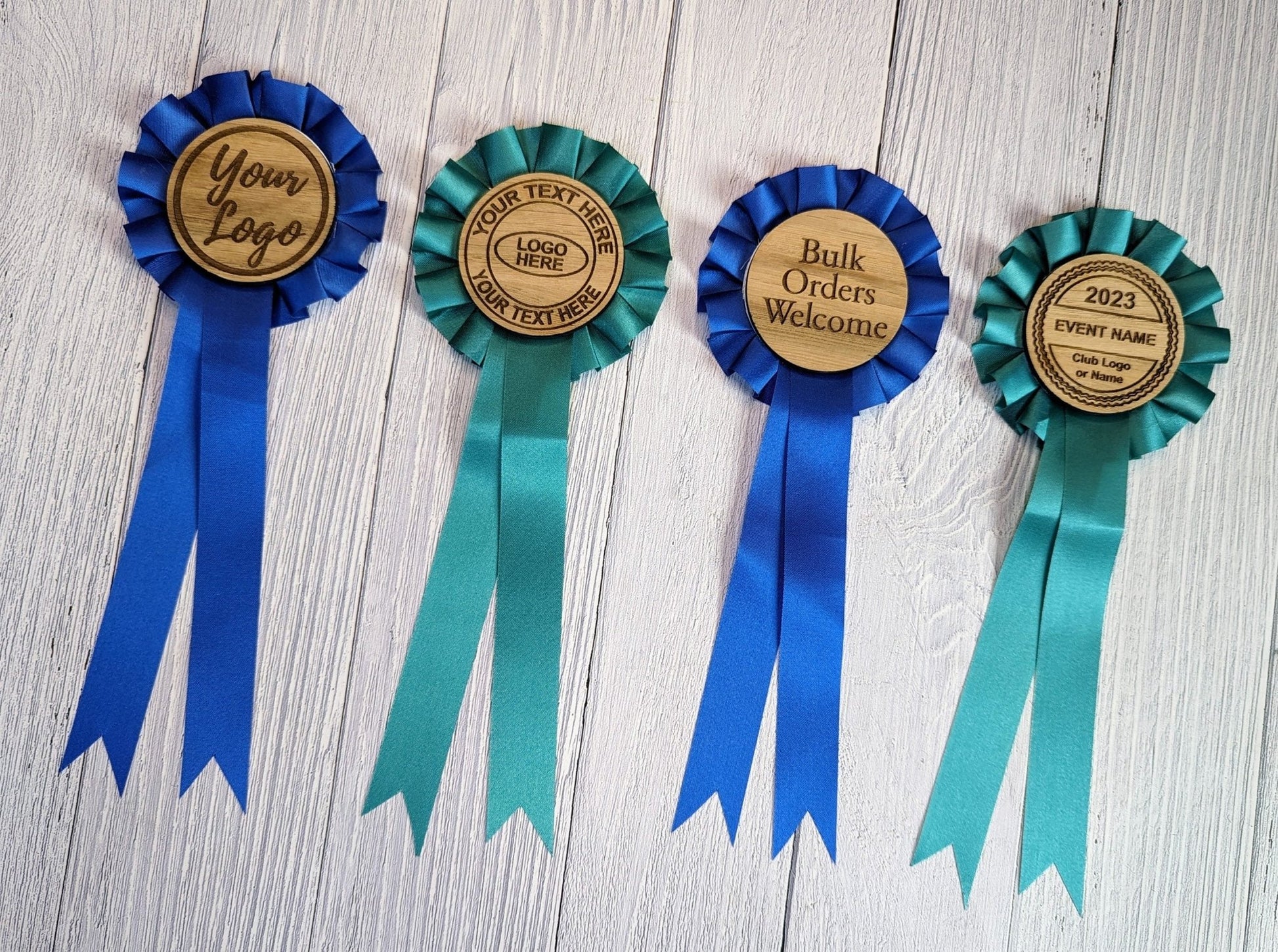 Personalised wooden rosettes for dog and horse shows — three colours shown