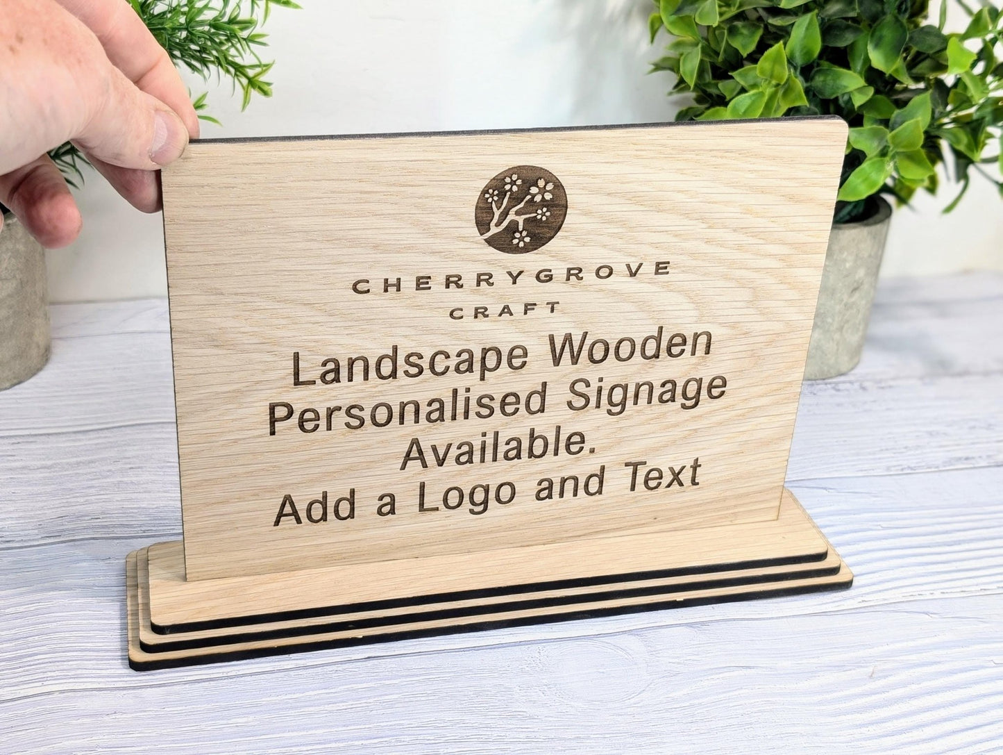 Personalised Wooden Table Signs XL - Custom Text, Logo, Freestanding, Removable Base, Two Sizes, Conference, Wedding, Retail, AirBnB Signage - CherryGroveCraft