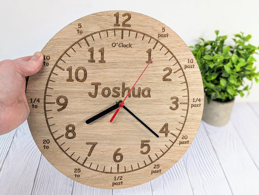 Personalised Wooden Time Teaching Clock, Learn to Tell Time with Custom Name Engraving - Eco-Friendly Child's Educational Toy, Made in Wales - CherryGroveCraft