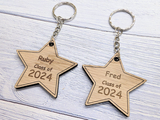 Personalised 'You're a Star - Class of xx' Wood Keyring - Wooden Student Gift, End of Year - Custom Name Engraved - Eco Gift for Students - CherryGroveCraft