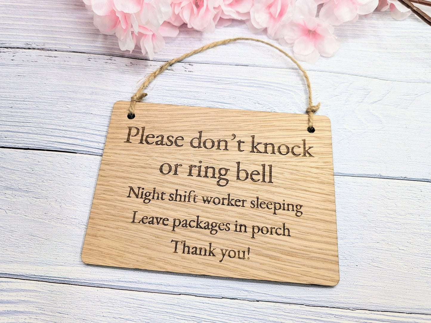 Bamboo night shift sign on a front door — FSC bamboo, indoor use
