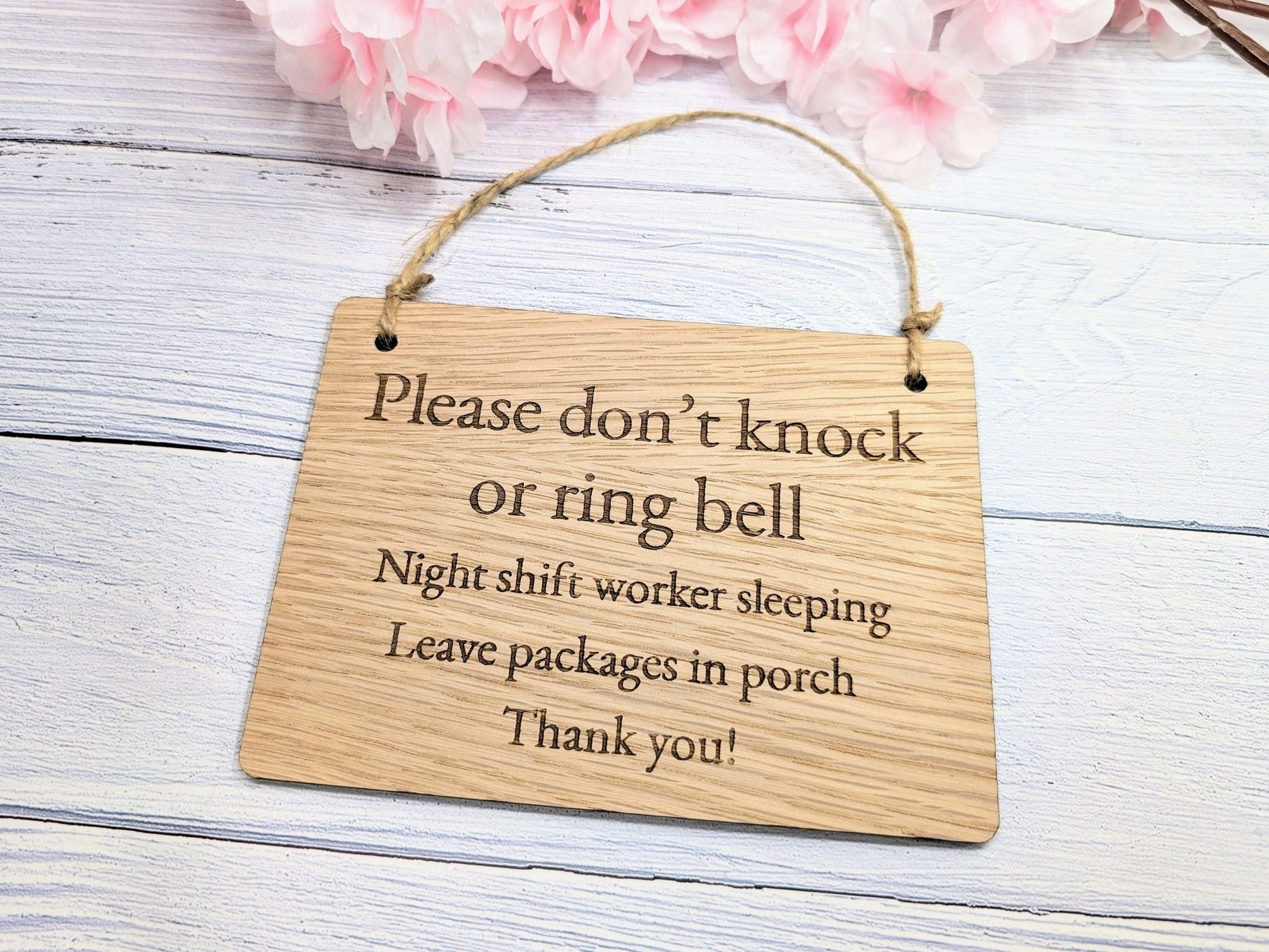 Bamboo night shift sign on a front door — FSC bamboo, indoor use