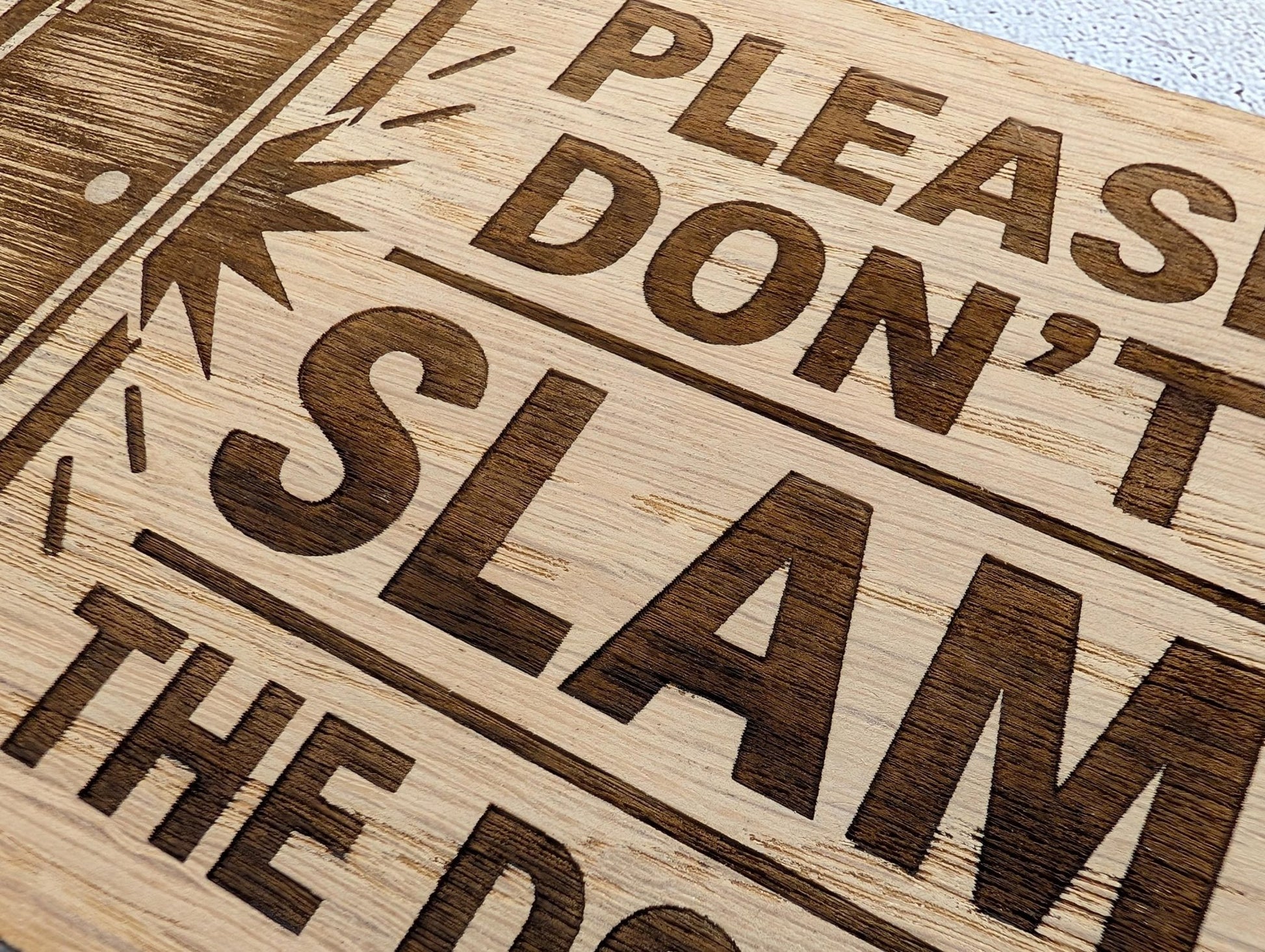 Door Icon Don't Slam the Door sign reverse, pre-drilled holes and jute twine