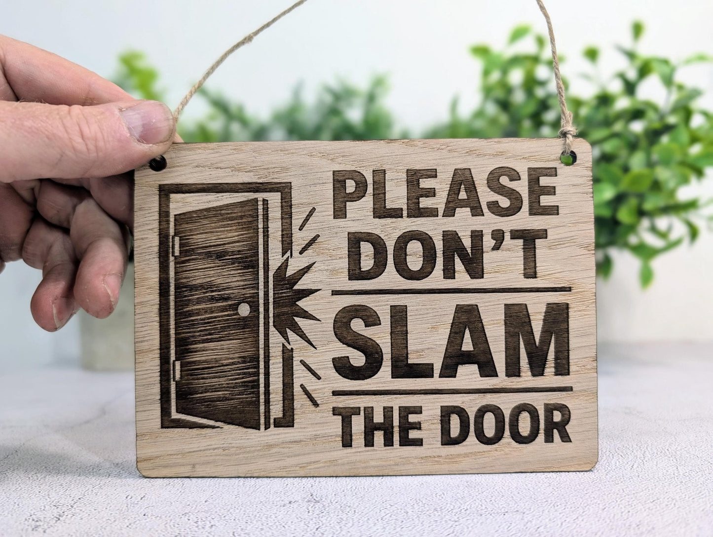 Door Icon design Don't Slam the Door sign, oak veneer, hanging