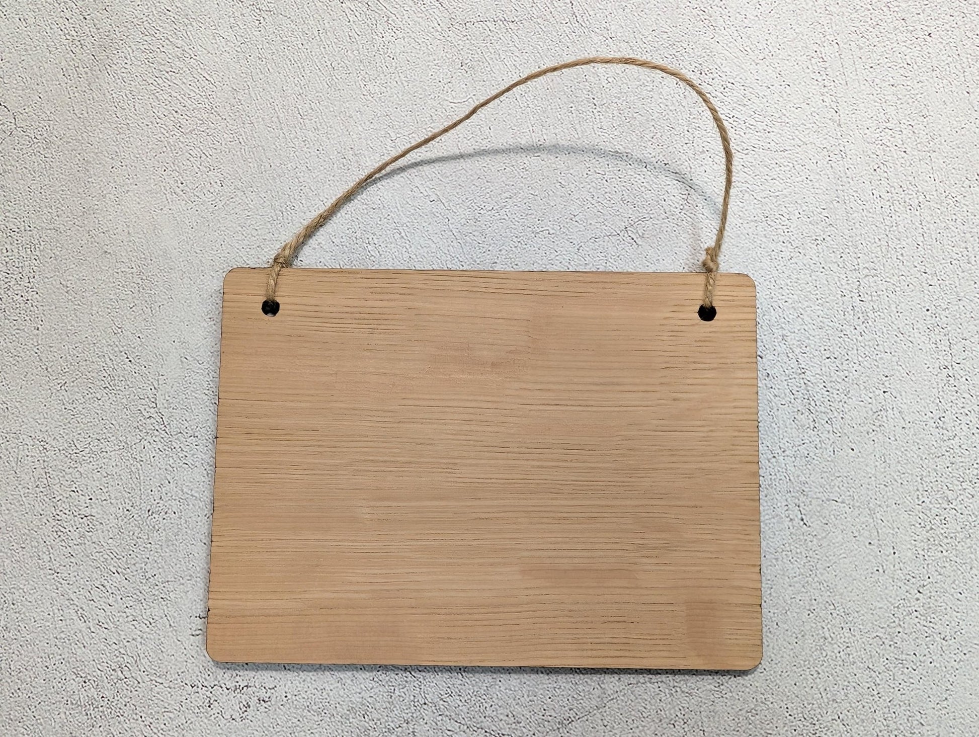 Don't Slam the Door sign packaging and jute twine detail, oak veneer