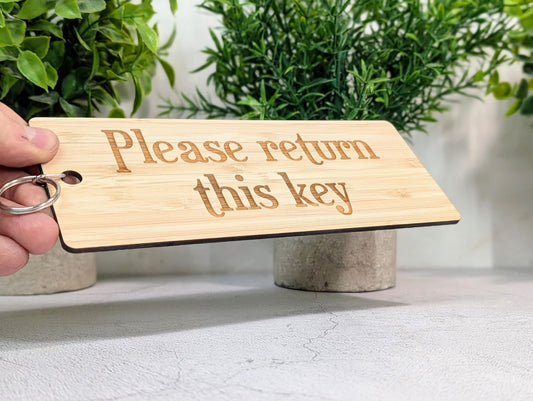 Please Return This Key – Extra Large Bamboo Keyring, Engraved Wooden Key Tag for Hotels, Offices, Toilets, Eco Friendly Gift - 200x80mm - CherryGroveCraft