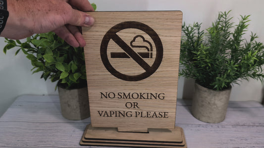 Freestanding "No Smoking or Vaping Please" Wooden Table Sign, Oak Finish, Ideal for Cafes, Restaurants & Public Spaces etc, XL Size, Signage