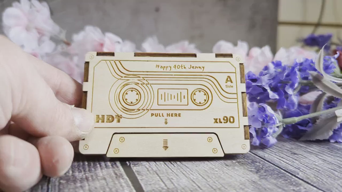 Personalised wooden mixtape cassette — showing pull-out hidden message panel and QR code