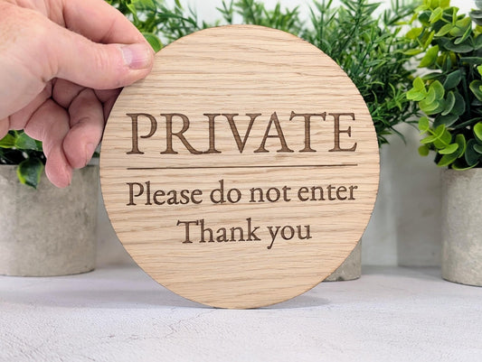 Private Do Not Enter Sign – Circular Oak Veneered Wooden Sign for Business, BnB or Home, Indoor Use Only, Handmade in Wales, Plastic - Free - CherryGroveCraft