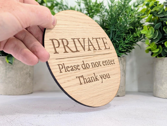 Private Do Not Enter Sign – Circular Oak Veneered Wooden Sign for Business, BnB or Home, Indoor Use Only, Handmade in Wales, Plastic - Free - CherryGroveCraft