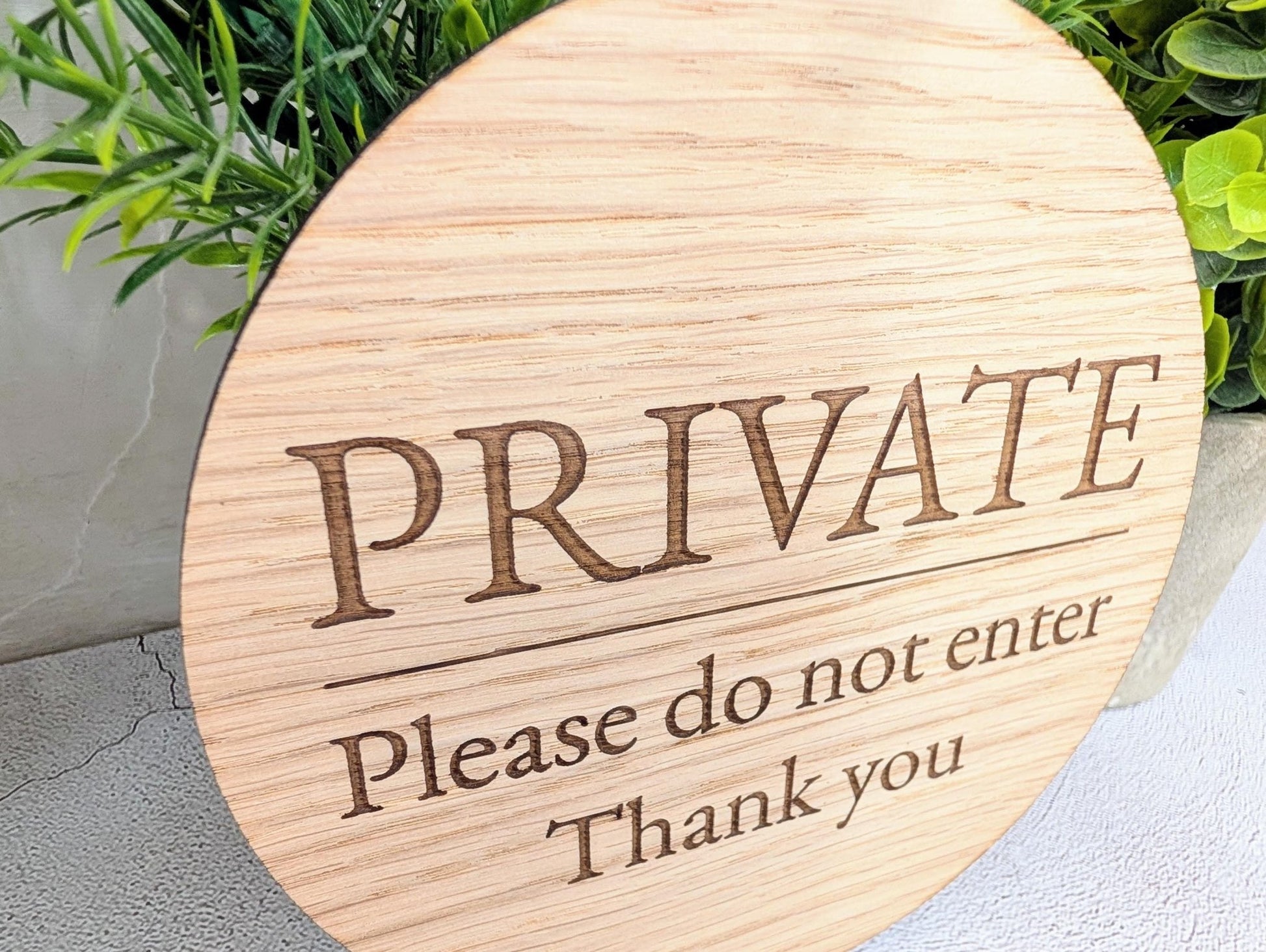 Private Do Not Enter Sign – Circular Oak Veneered Wooden Sign for Business, BnB or Home, Indoor Use Only, Handmade in Wales, Plastic - Free - CherryGroveCraft