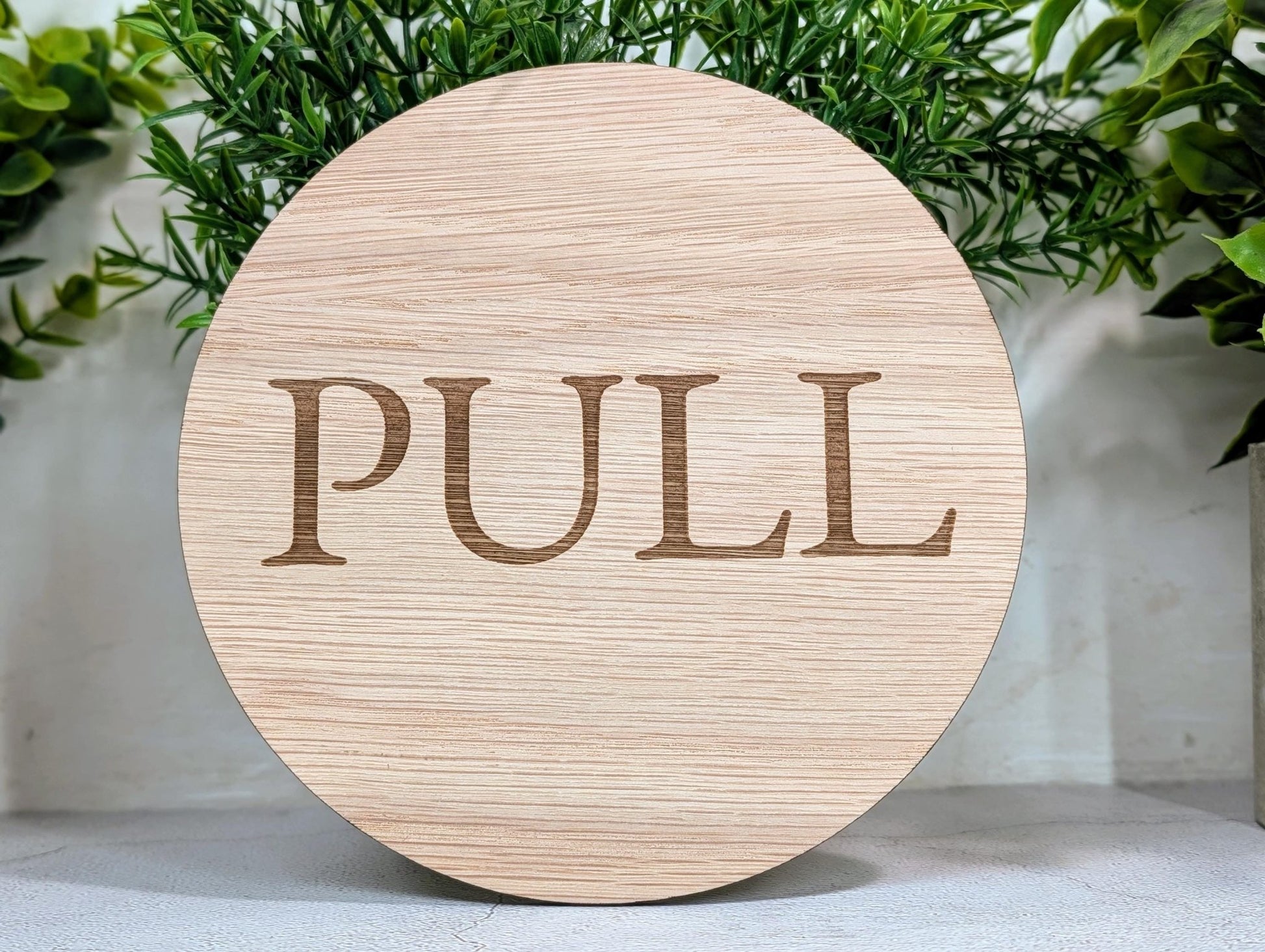 PULL Door Sign – Circular Oak Veneered Indoor Wall or Door Sign, Wooden Entry Sign, Plastic - Free Packaging, Handmade in Wales - CherryGroveCraft