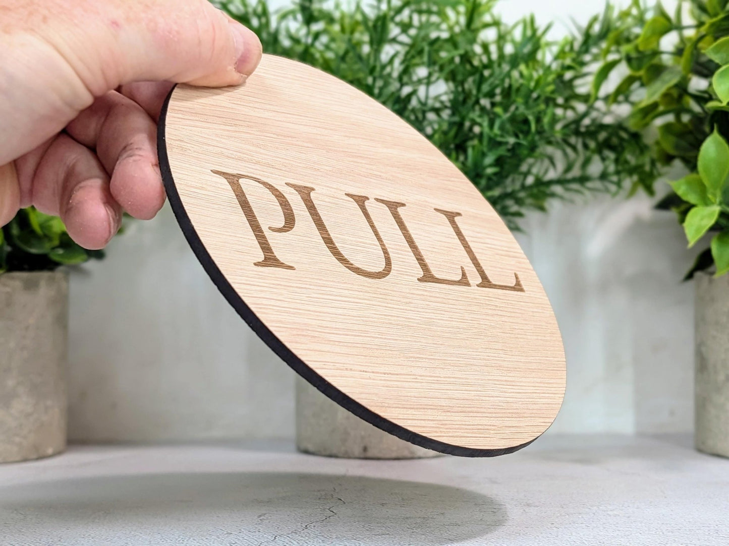 PULL Door Sign – Circular Oak Veneered Indoor Wall or Door Sign, Wooden Entry Sign, Plastic - Free Packaging, Handmade in Wales - CherryGroveCraft