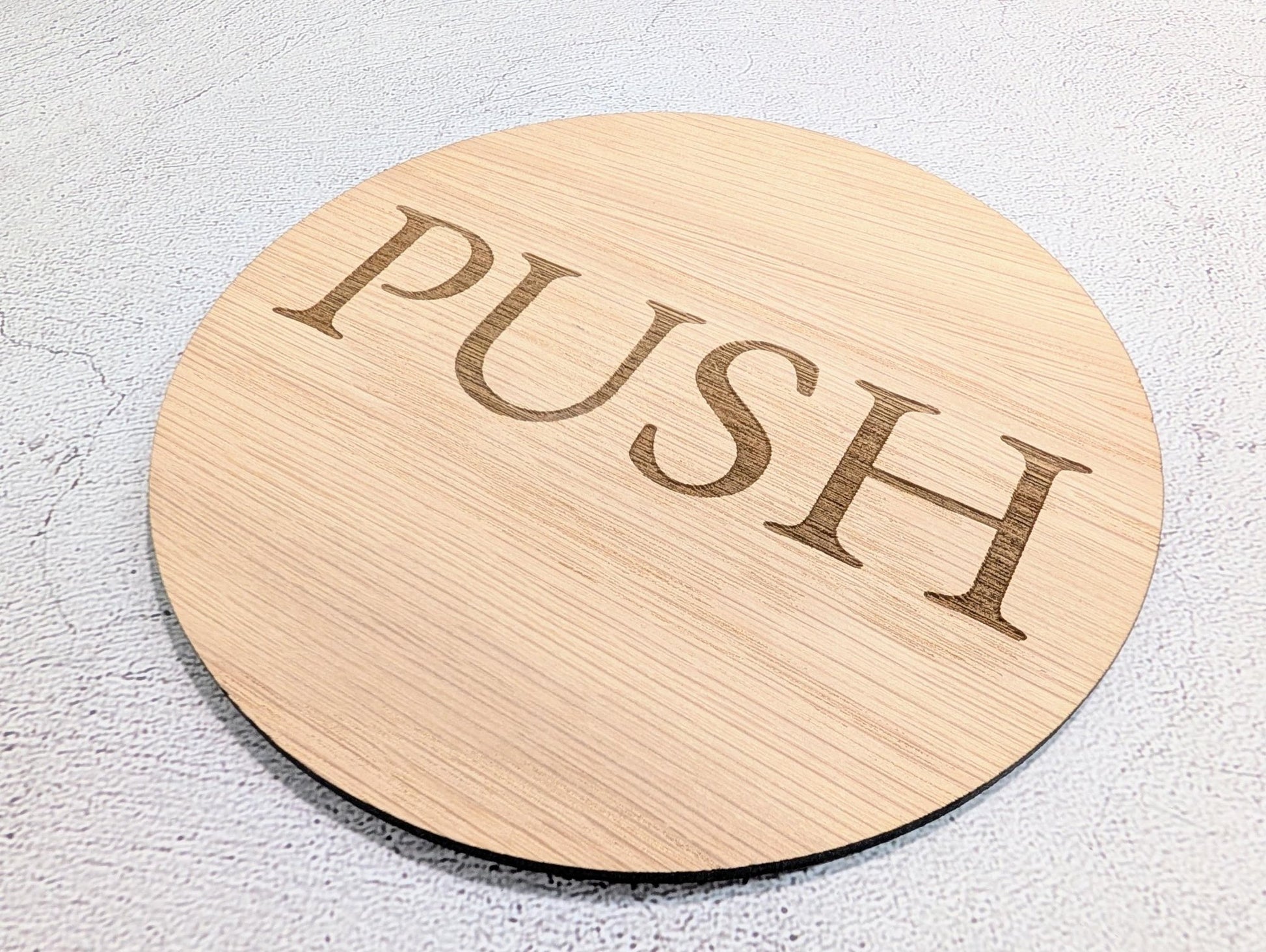 PUSH Door Sign – Circular Oak Veneered Wooden Entry Sign for Doors, Indoor Use Only, Handmade in Wales, Plastic - Free Packaging - CherryGroveCraft
