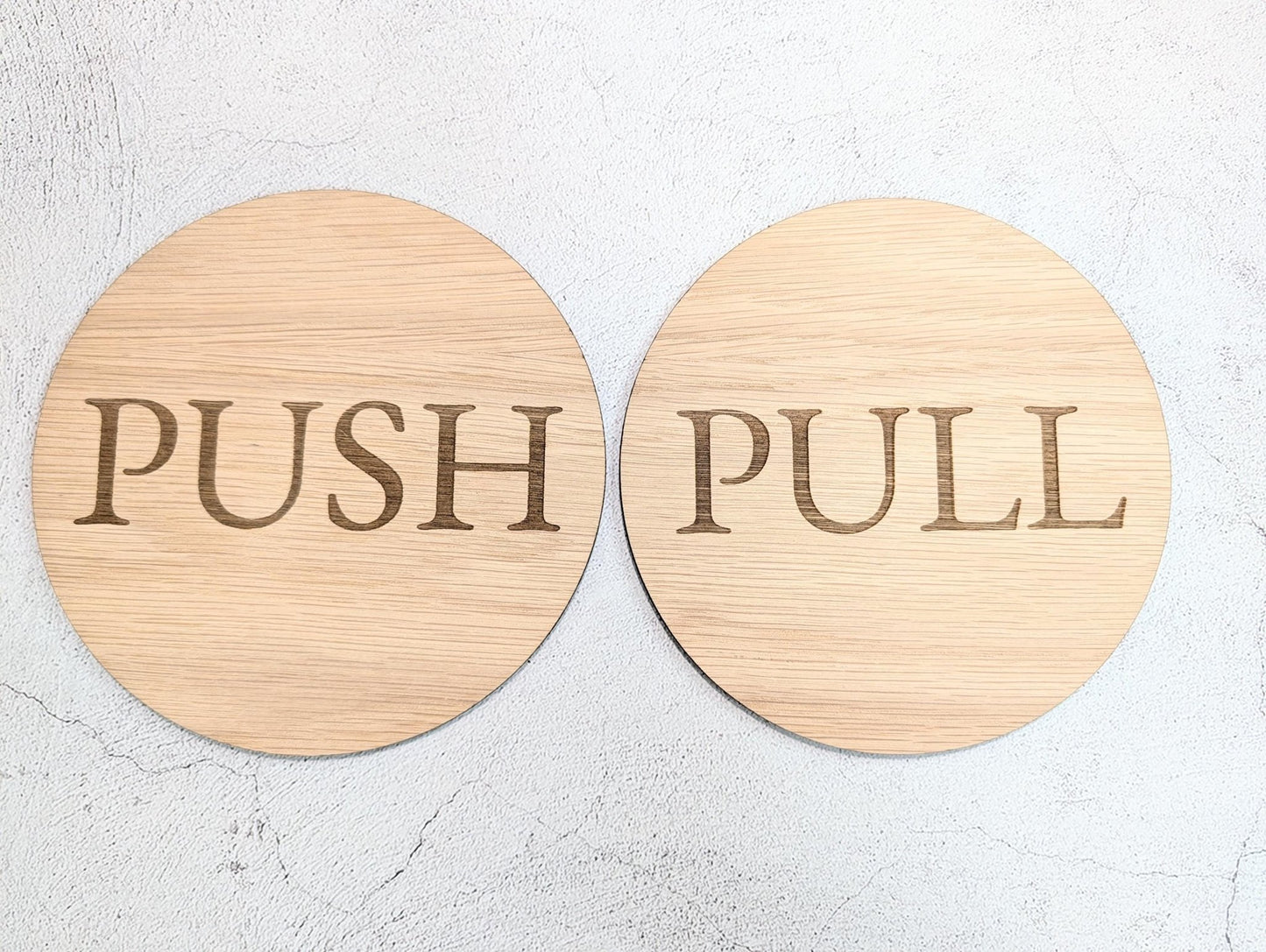 PUSH & PULL Door Sign Set – Circular Oak Veneered Wooden Signs for Entryways, Eco Friendly, Handmade in Wales, 2 Sizes Available - CherryGroveCraft