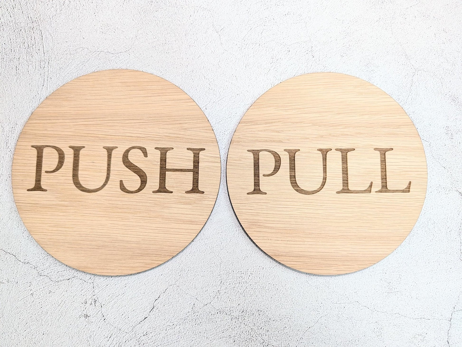 PUSH & PULL Door Sign Set – Circular Oak Veneered Wooden Signs for Entryways, Eco Friendly, Handmade in Wales, 2 Sizes Available - CherryGroveCraft
