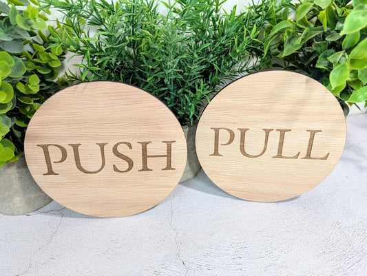 PUSH & PULL Door Sign Set – Circular Oak Veneered Wooden Signs for Entryways, Eco Friendly, Handmade in Wales, 2 Sizes Available - CherryGroveCraft